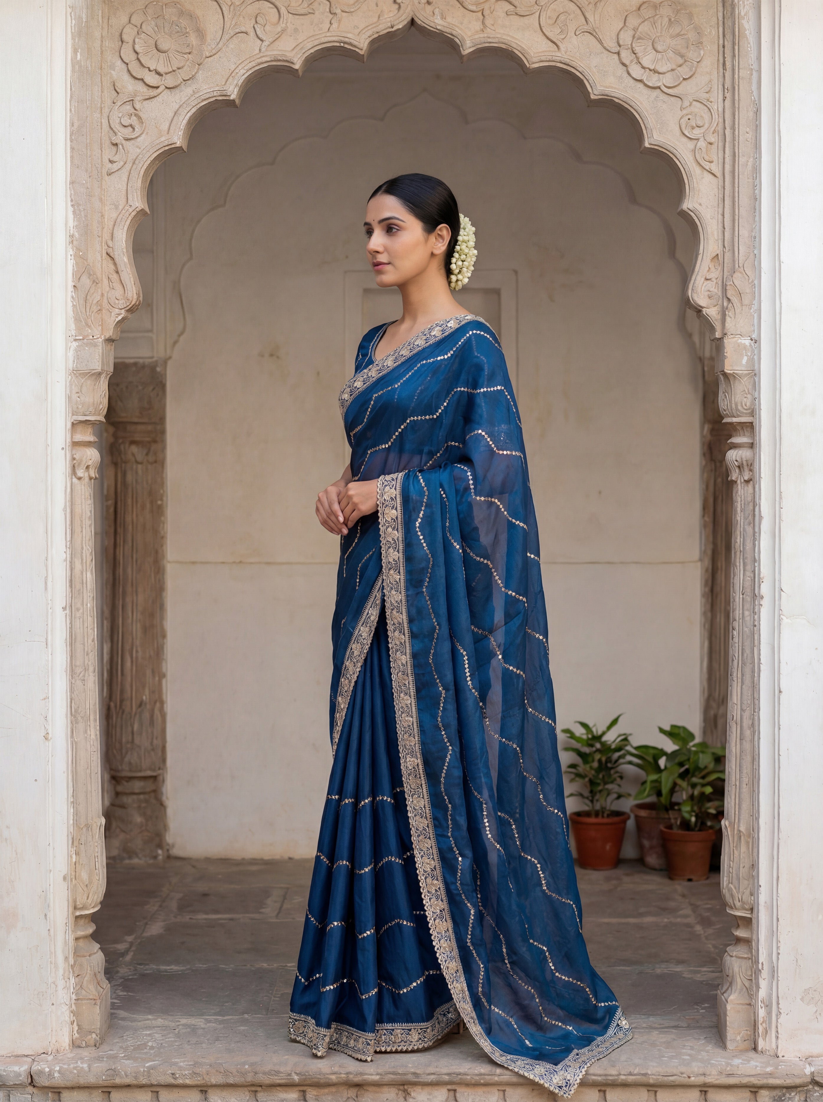 Teal Tissue Striped Sequence Work Saree