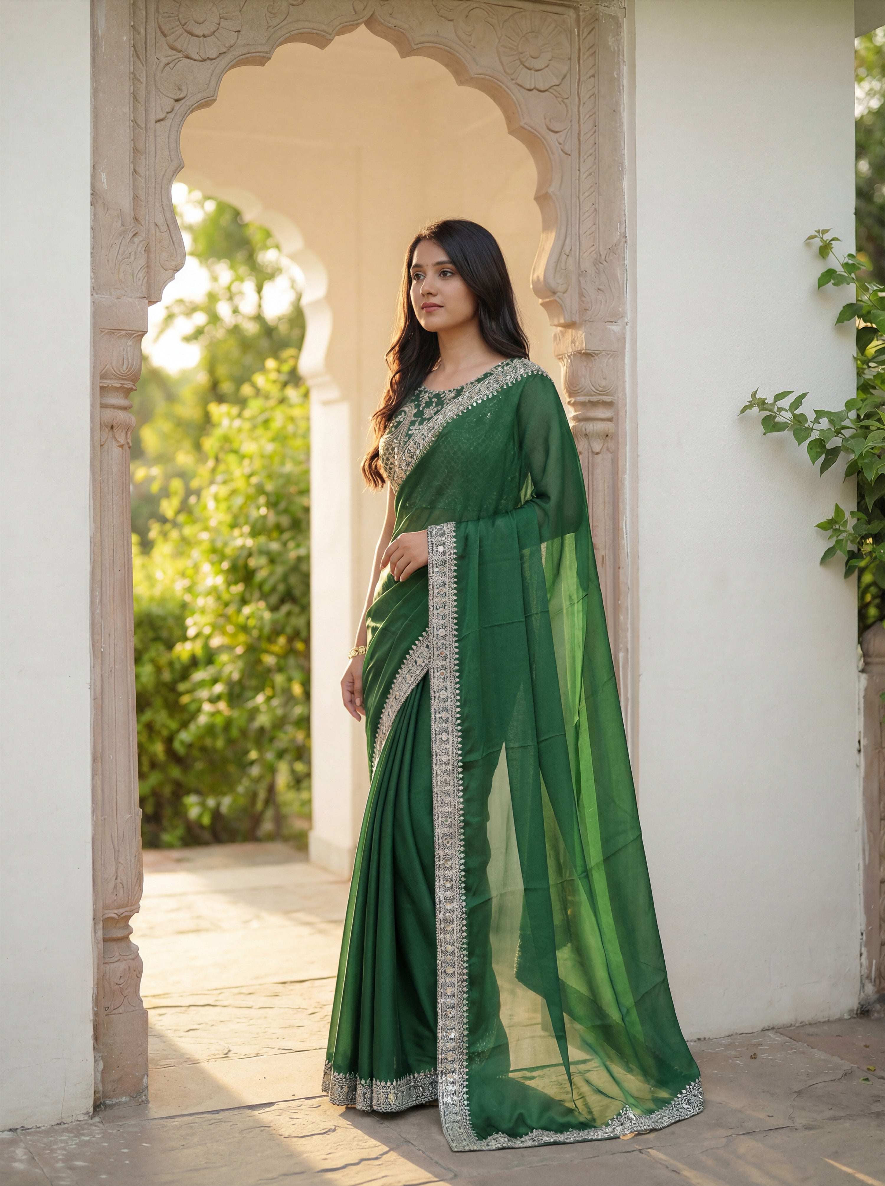 Green Silk Sequence & Mirror Work Saree