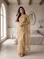 Beige Net Floral Sequence Work Saree