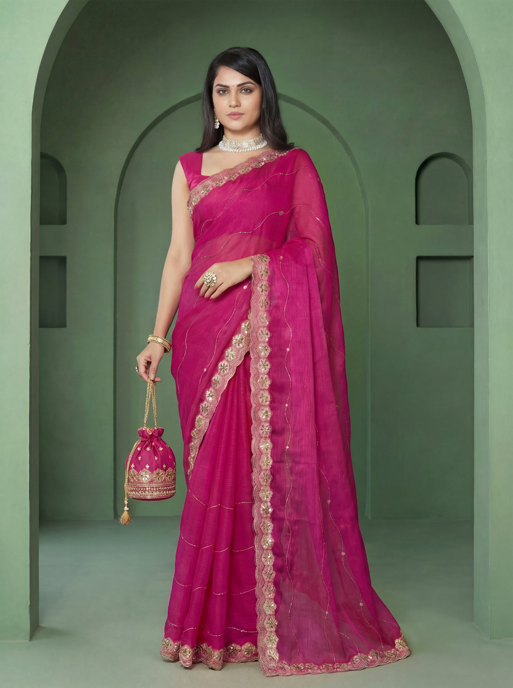 Pink Organza Striped Zari Work Saree