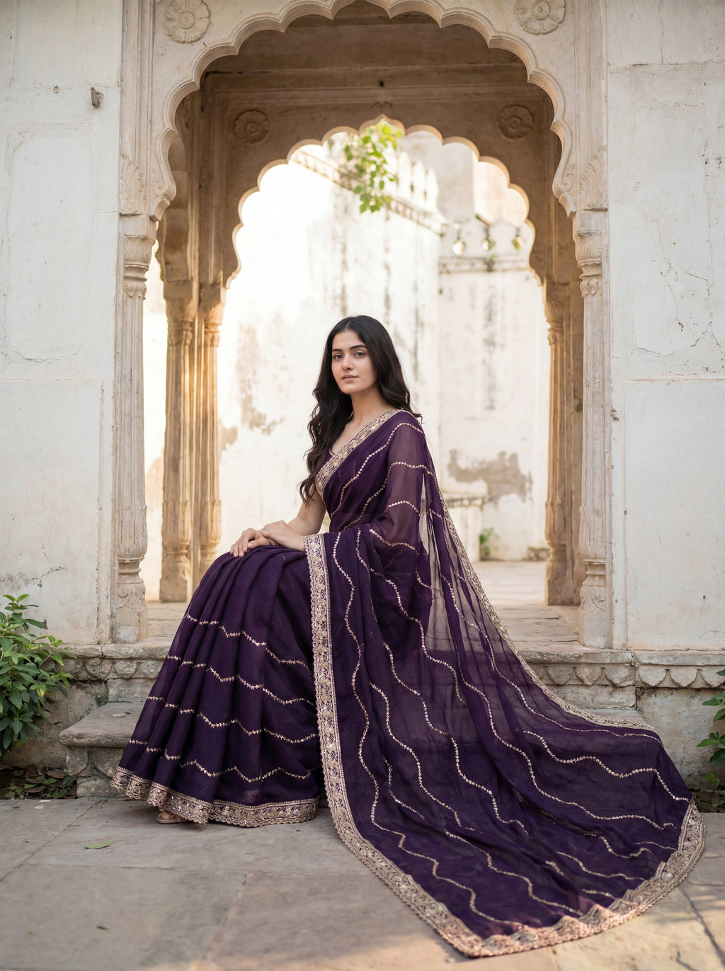 Purple Tissue Striped Sequence Work Saree