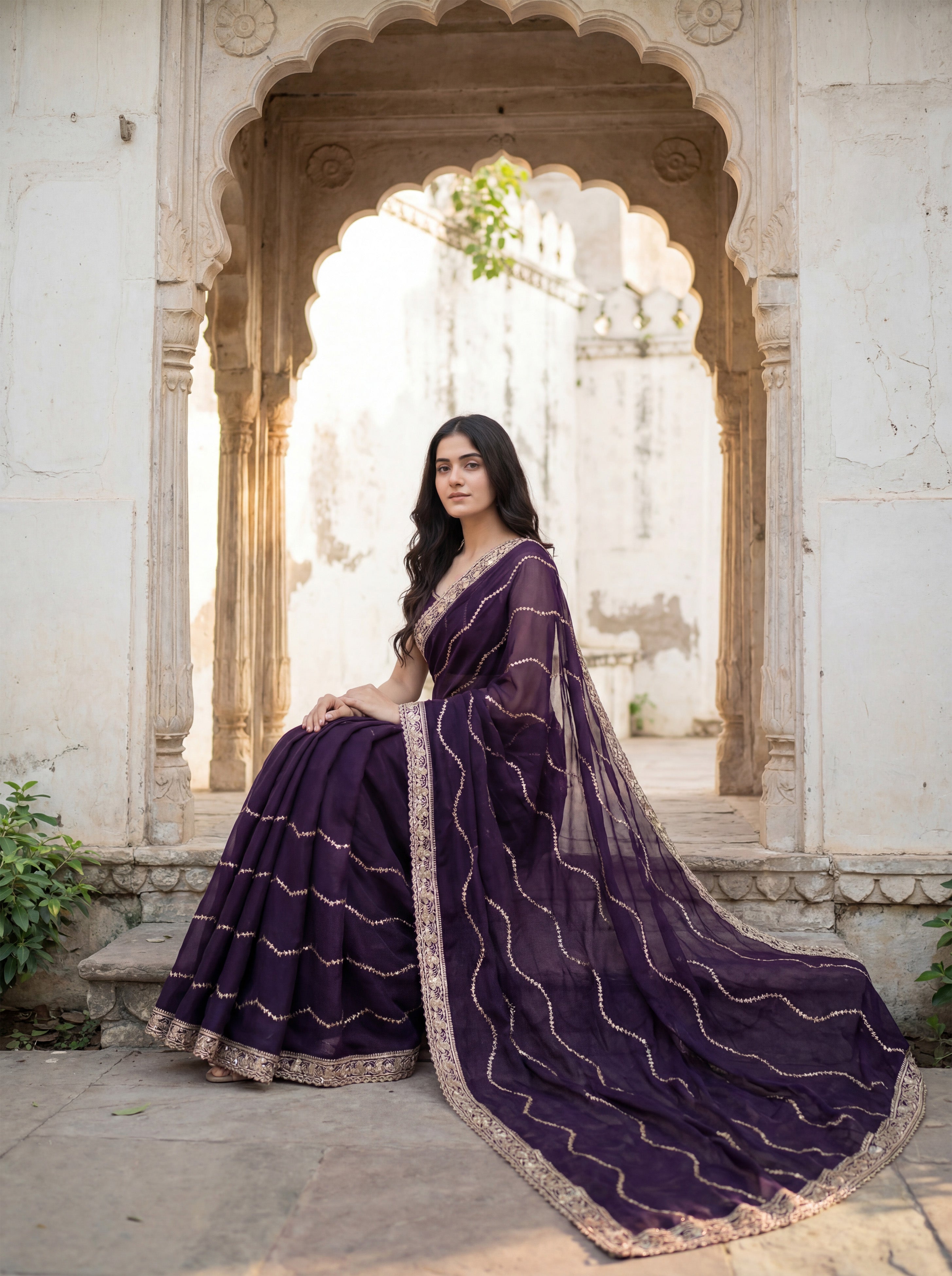 Purple Tissue Striped Sequence Work Saree