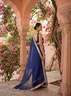 Blue Tissue Geometric Mirror Work Saree