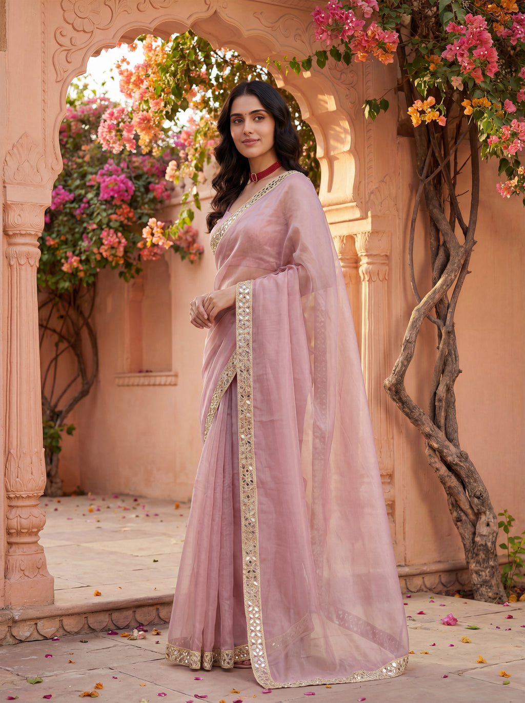 Lavender Tissue Geometric Mirror Work Saree
