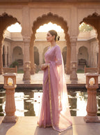 Pink Tissue Geometric Mirror Work Saree