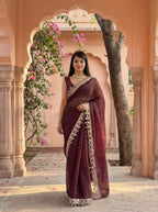 Maroon Organza Mirror Work Saree