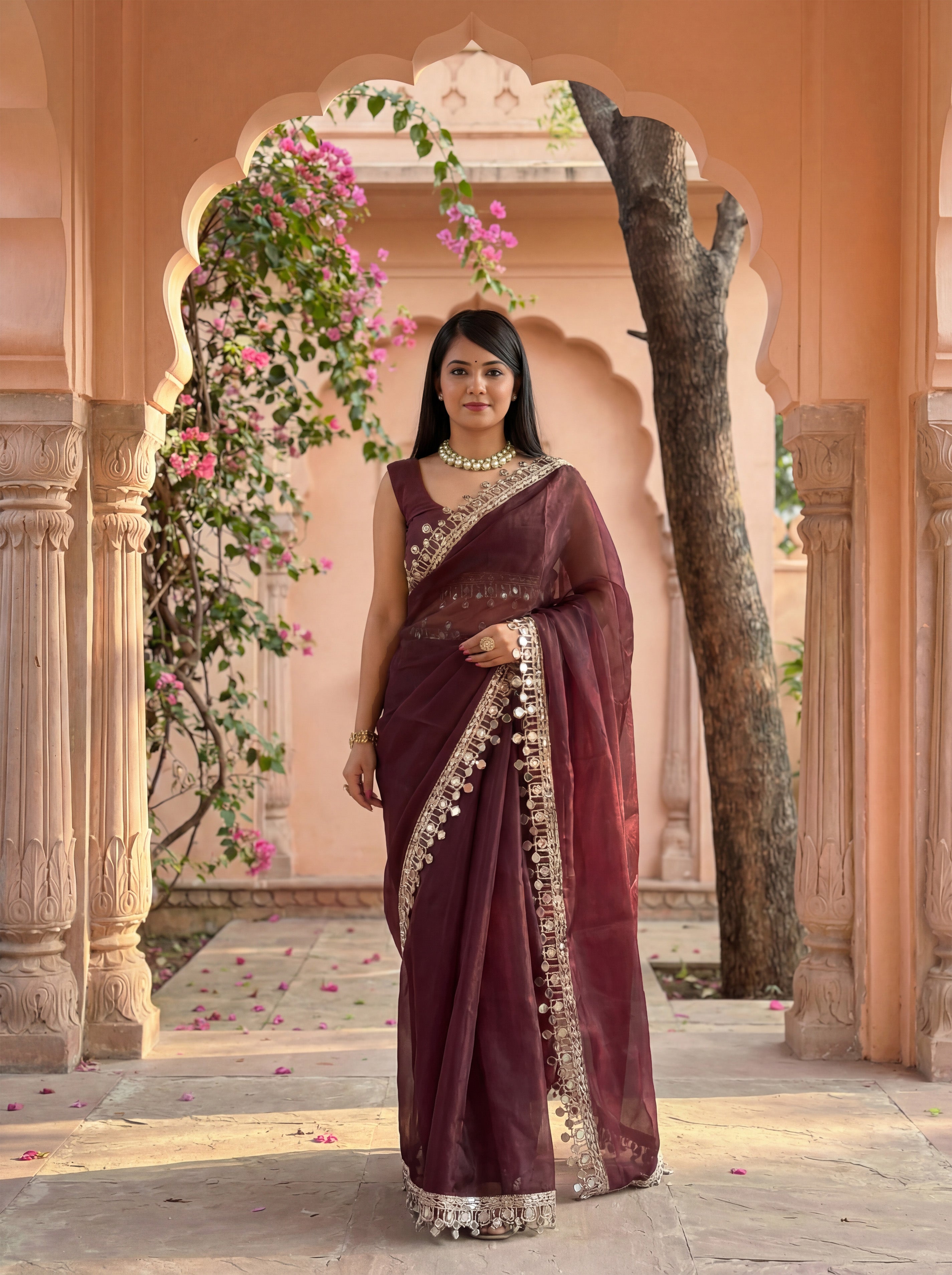 Maroon Organza Mirror Work Saree