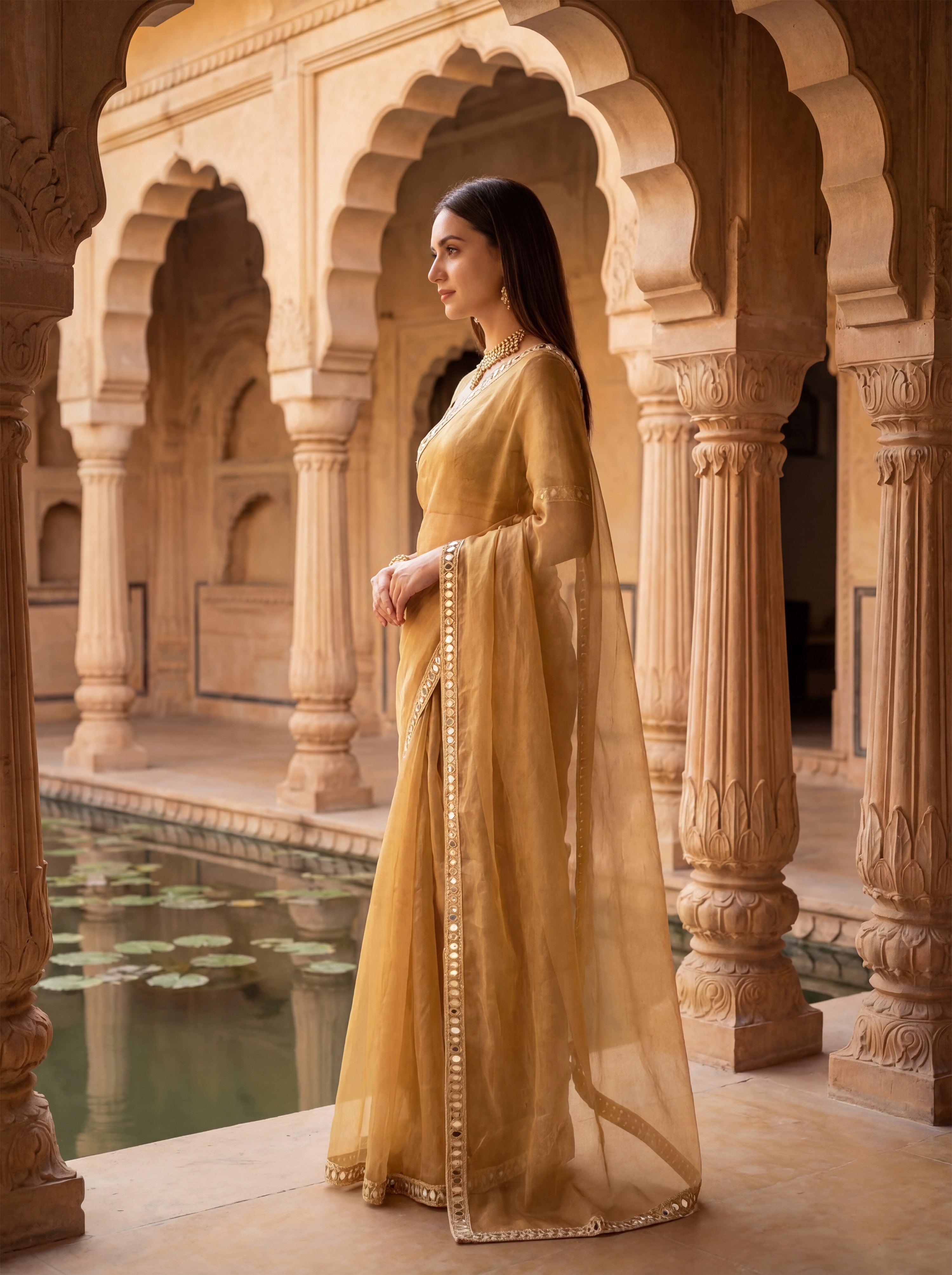 Mustard Tissue Geometric Mirror Work Saree
