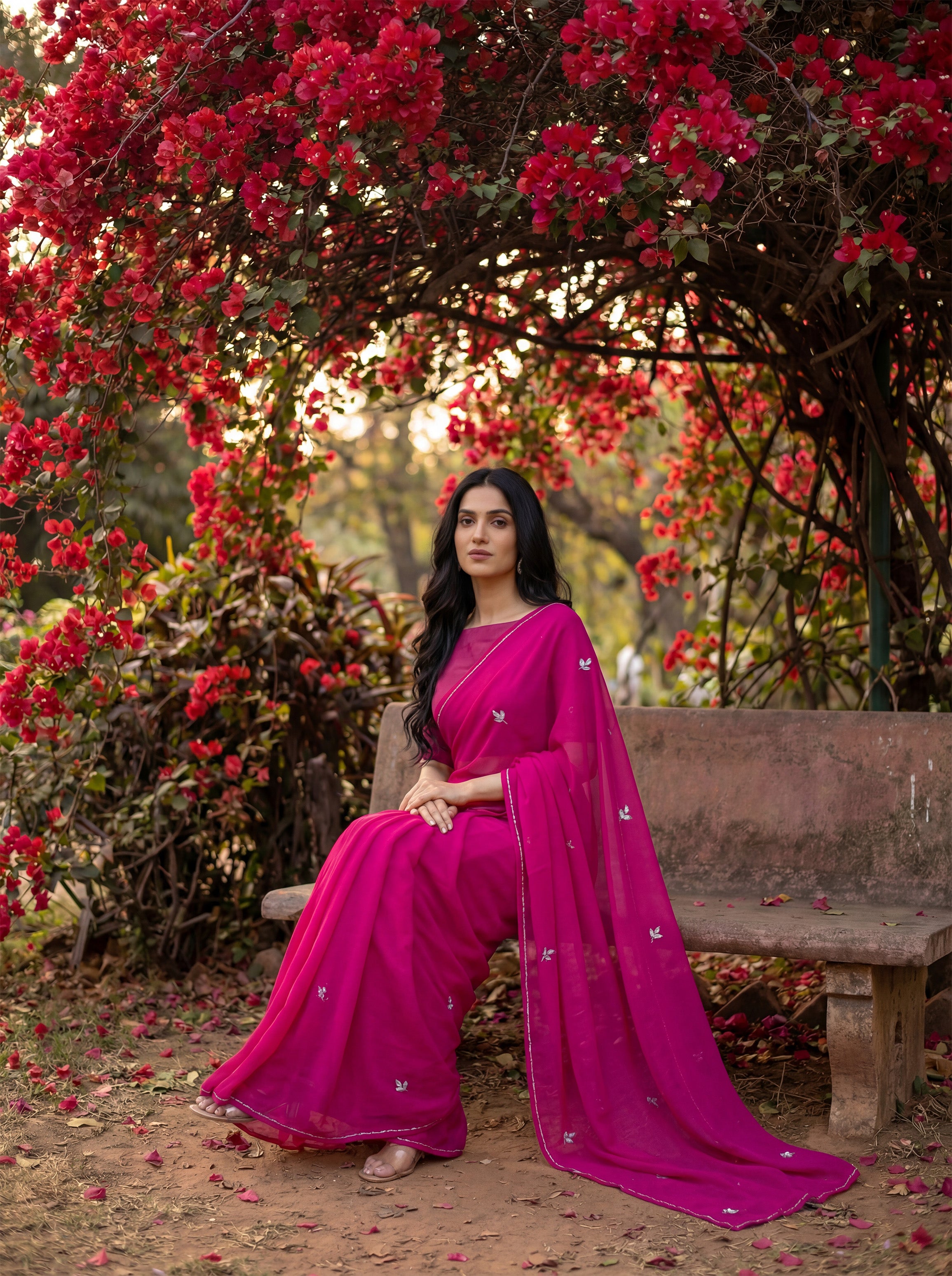 Pink Georgette Floral Stone & Beads Work Saree