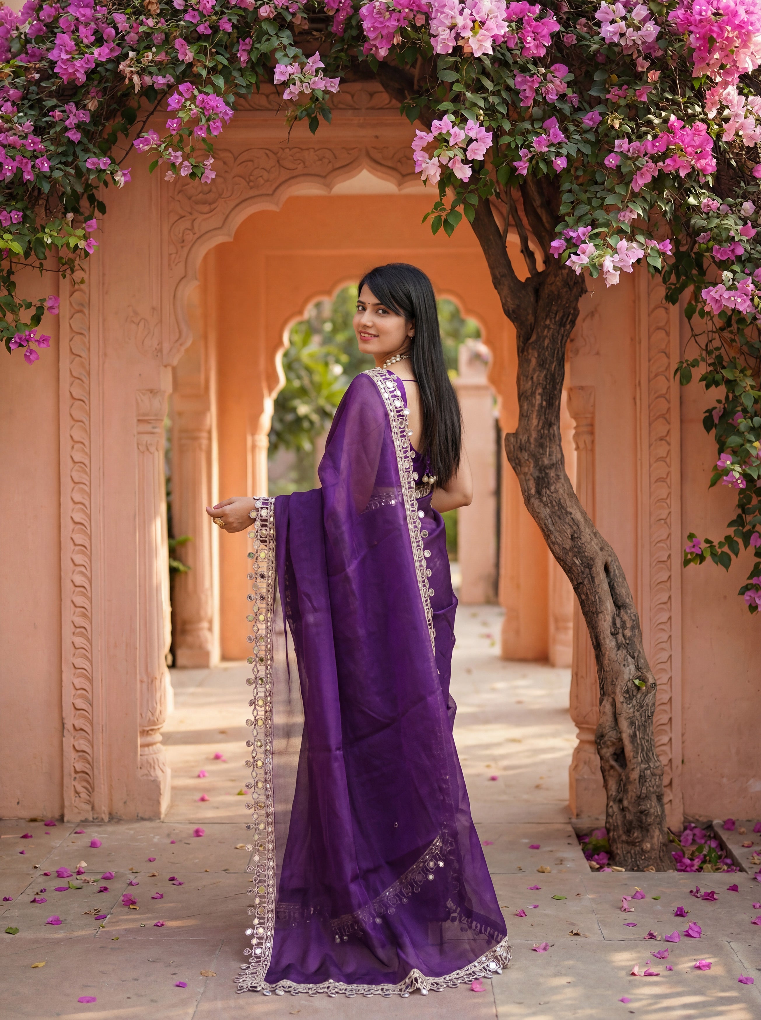 Purple Organza Mirror Work Saree