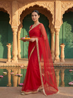 Red Tissue Geometric Mirror Work Saree
