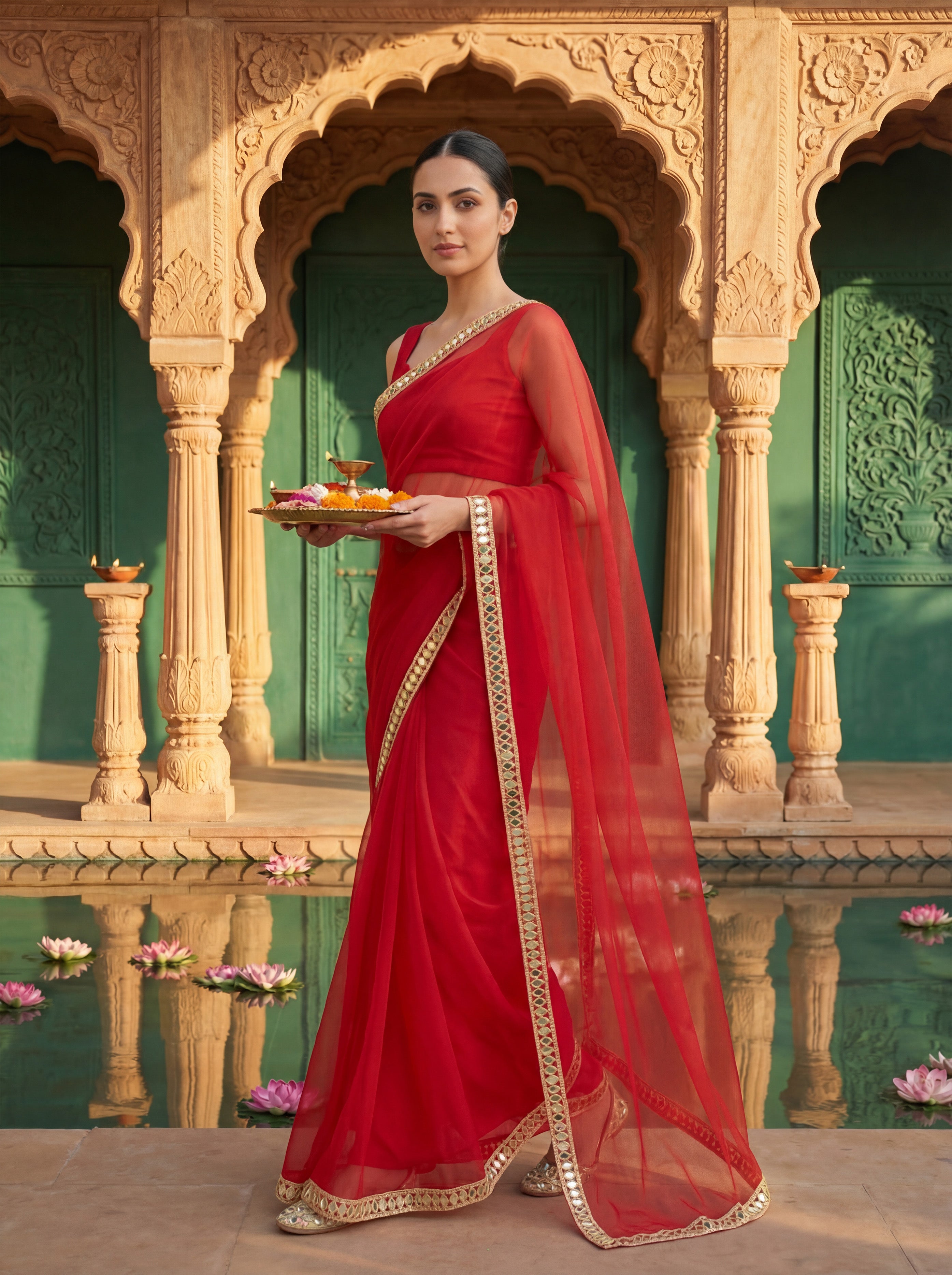 Red Tissue Geometric Mirror Work Saree