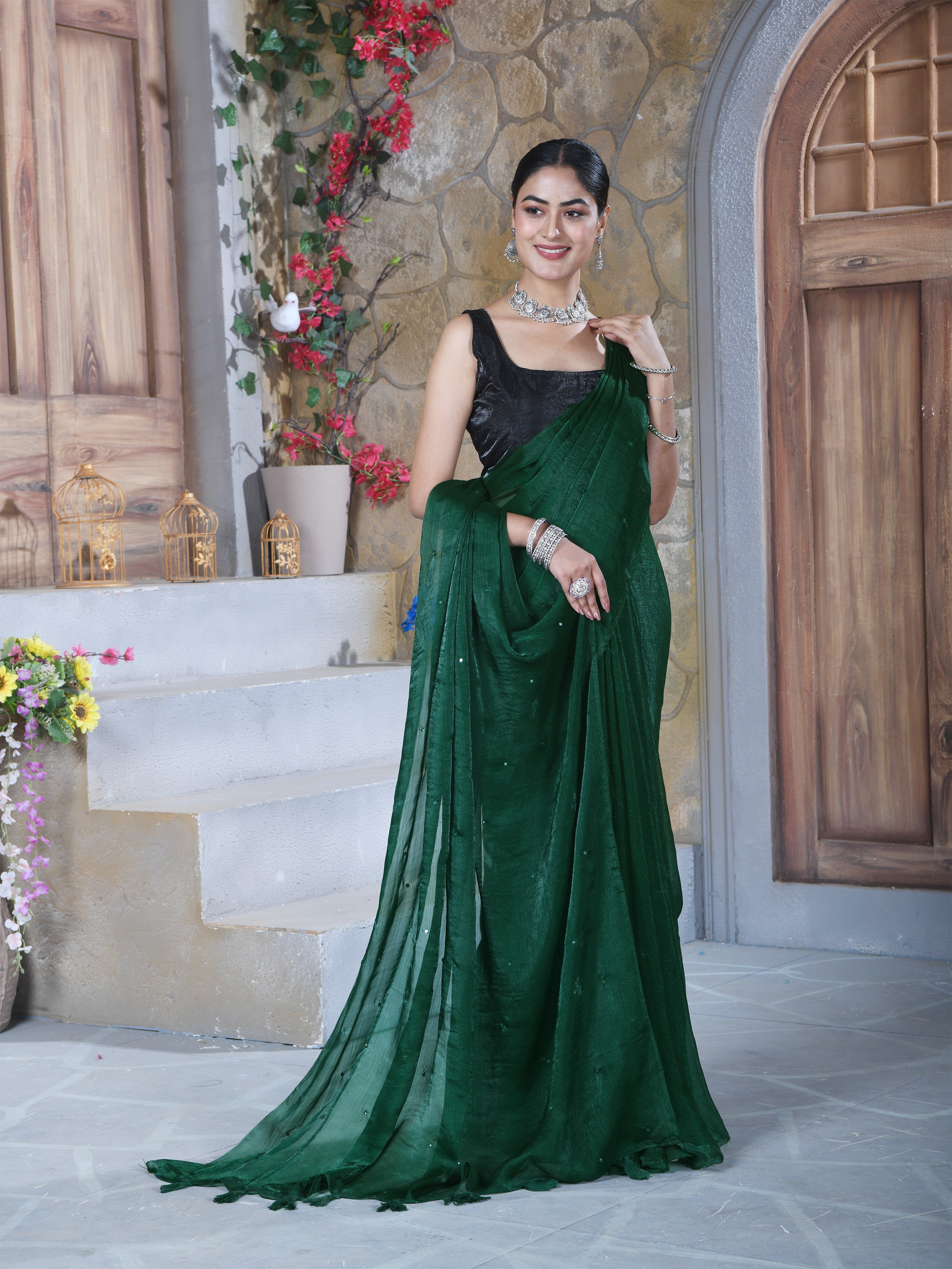Green Pure Chiffon Mirror Work Saree