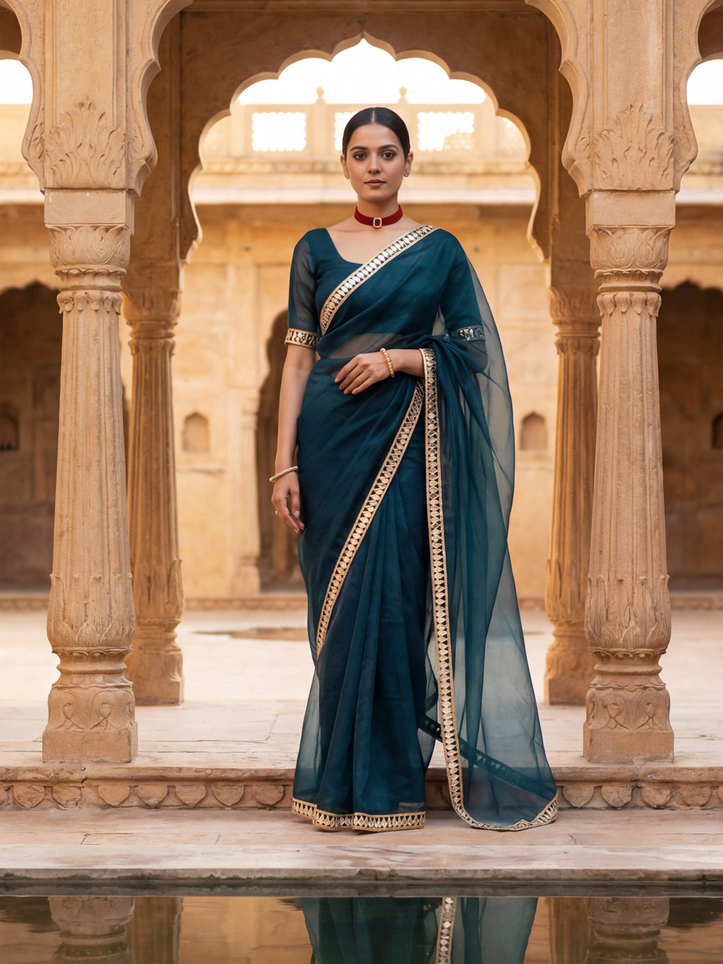 Blue Tissue Geometric Mirror Work Saree