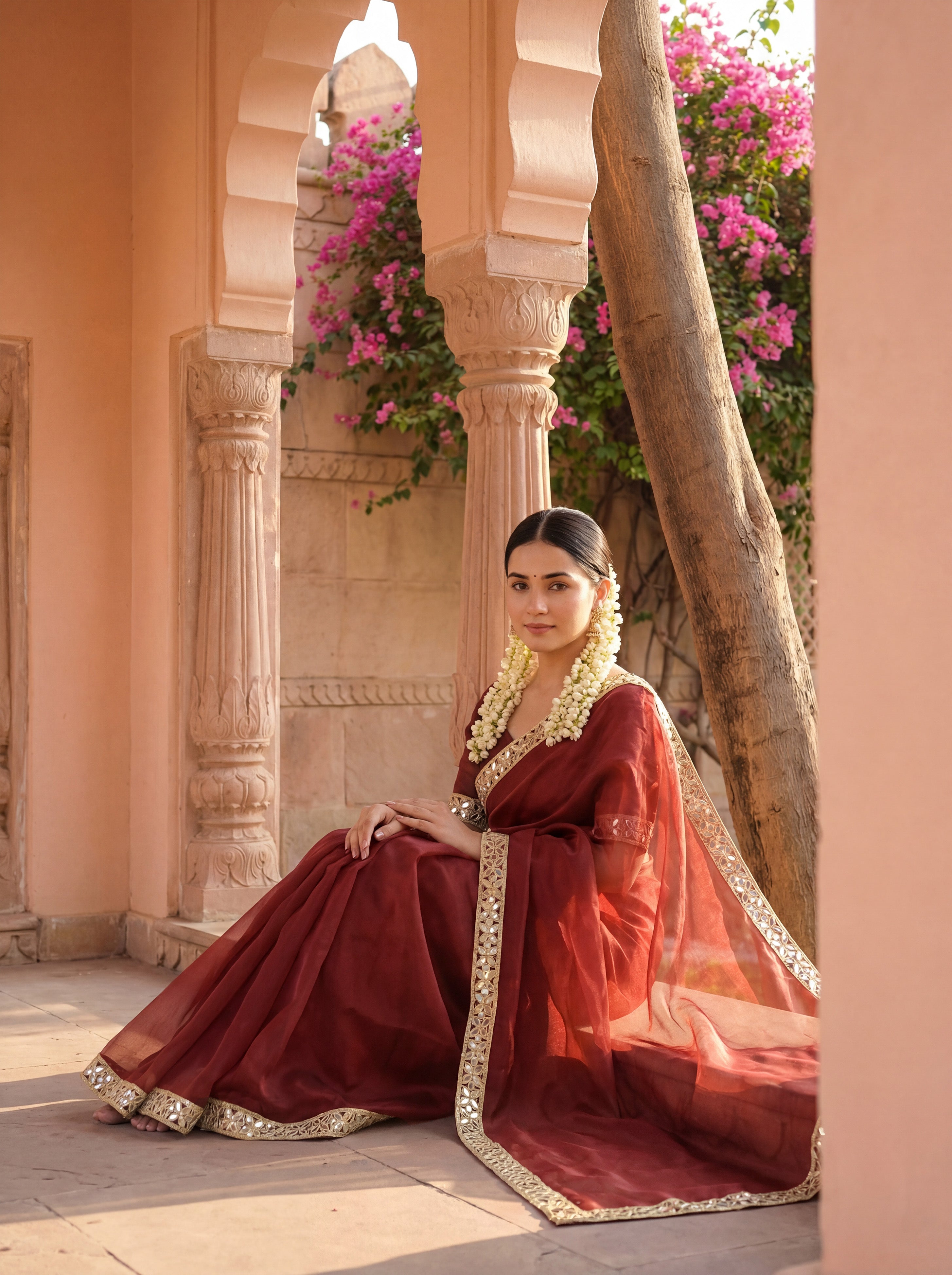 Maroon Tissue Geometric Mirror Work Saree