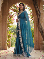 Teal Organza Mirror Work Saree