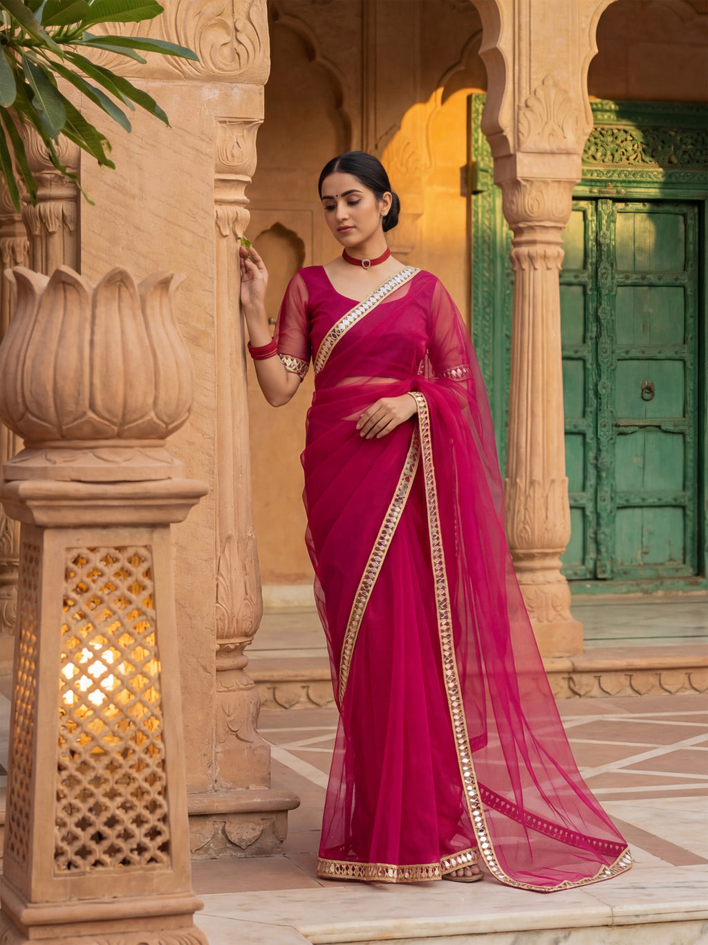 Pink Tissue Geometric Mirror Work Saree