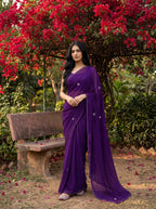 Purple Georgette Floral Stone & Beads Work Saree