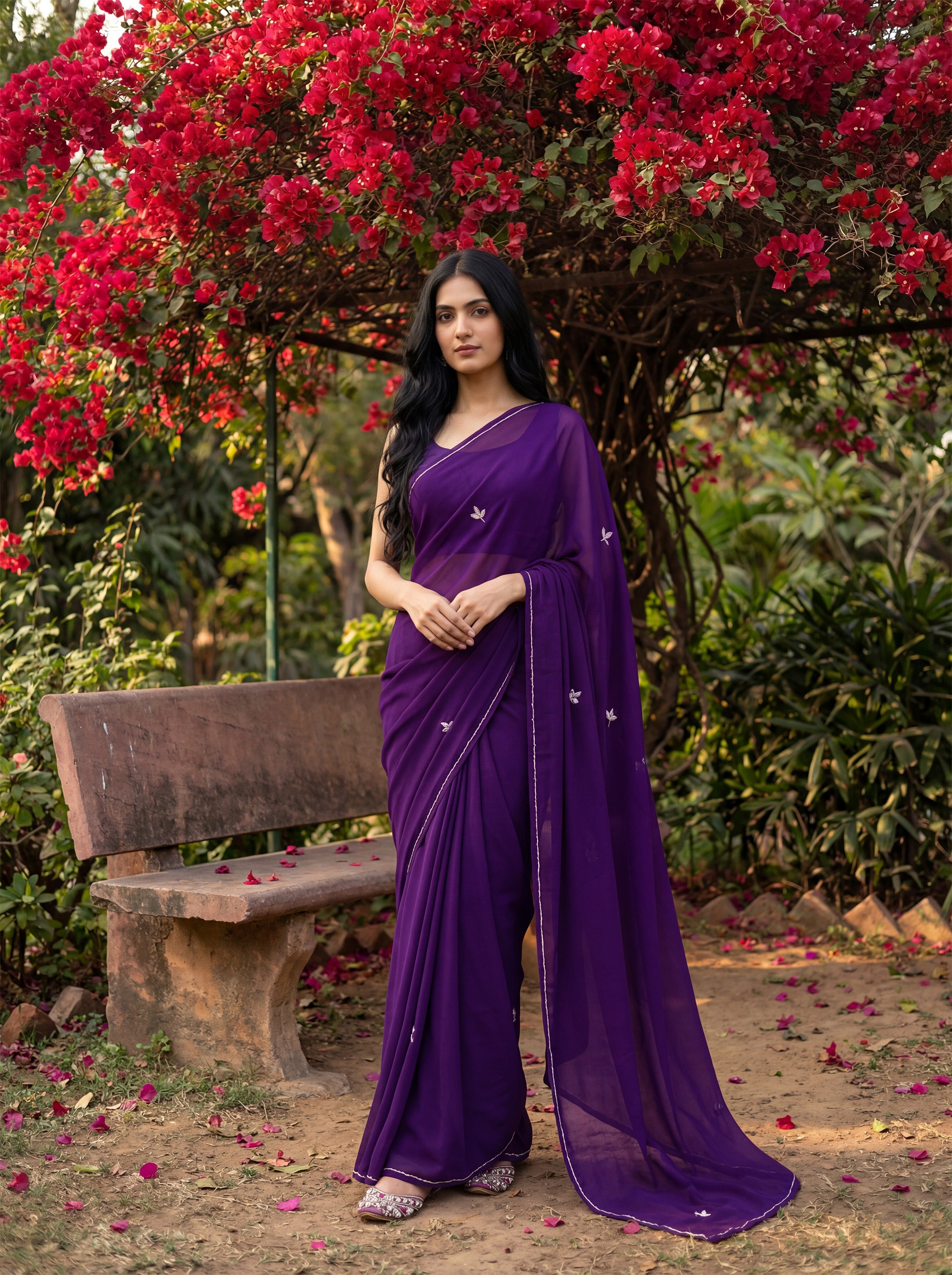 Purple Georgette Floral Stone & Beads Work Saree