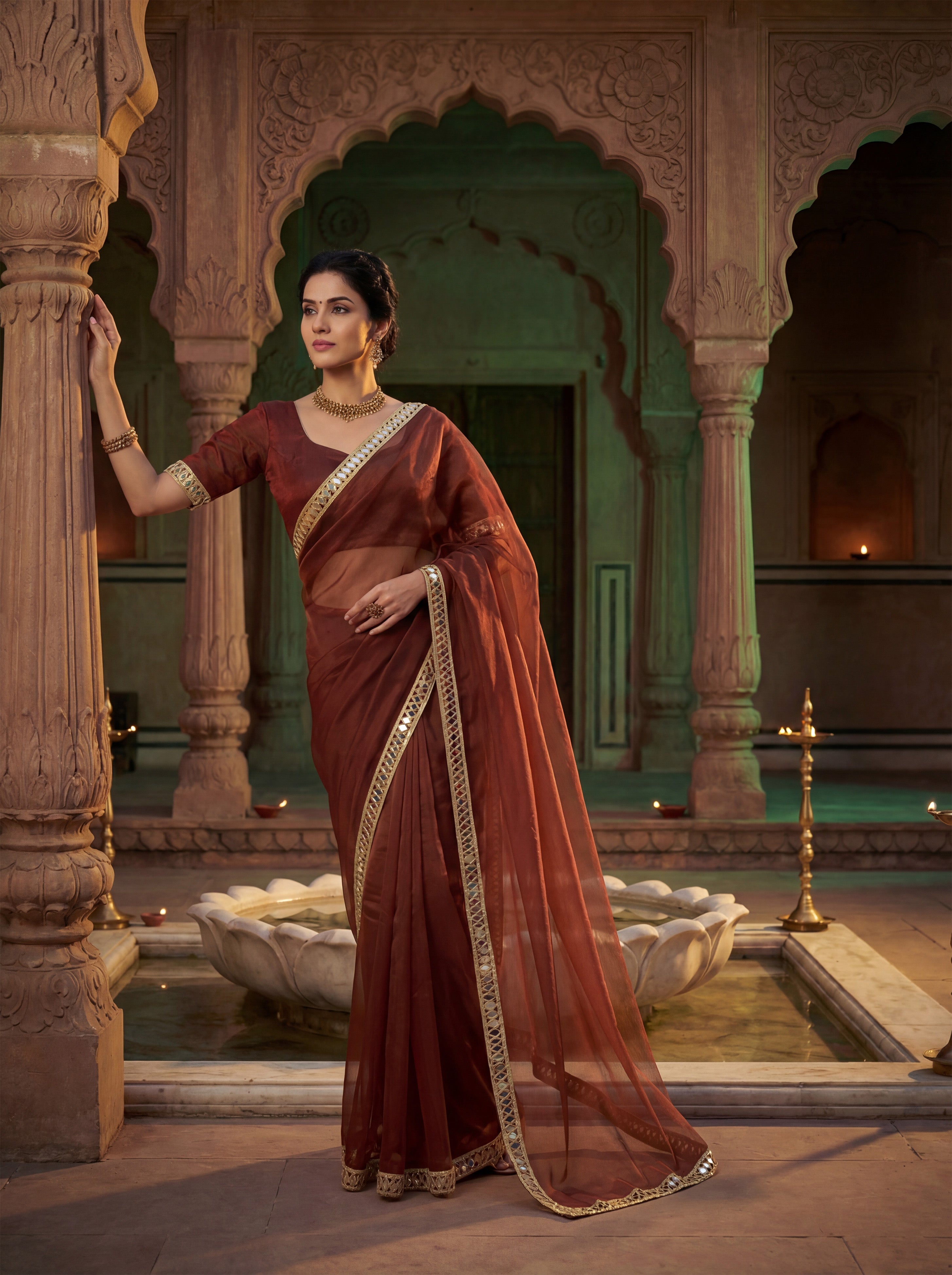 Maroon Tissue Geometric Mirror Work Saree