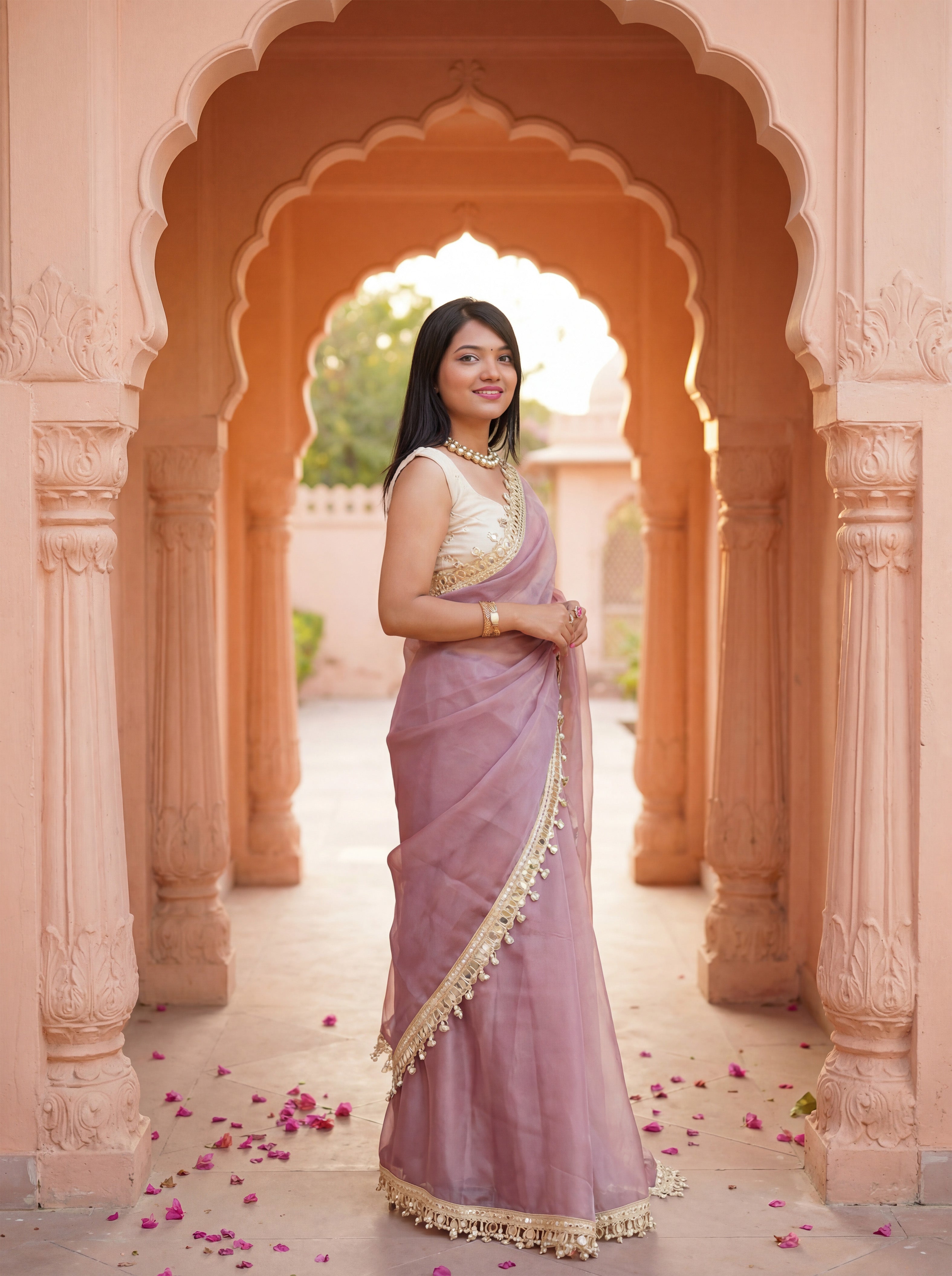 Mauve Organza Mirror Work Saree