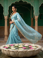 Blue Tissue Geometric Mirror Work Saree