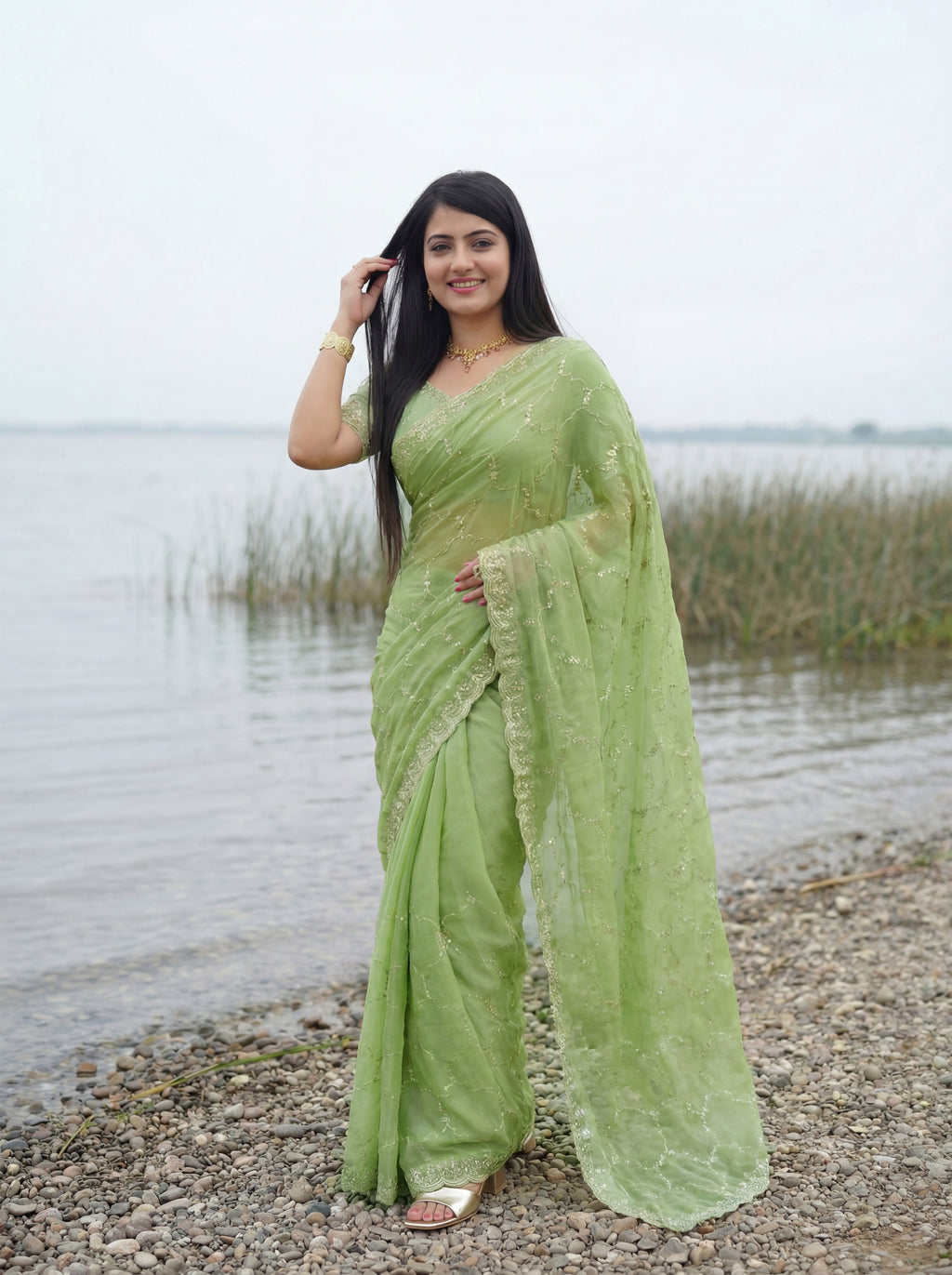 Green Tissue Geometric Sequence Work Saree