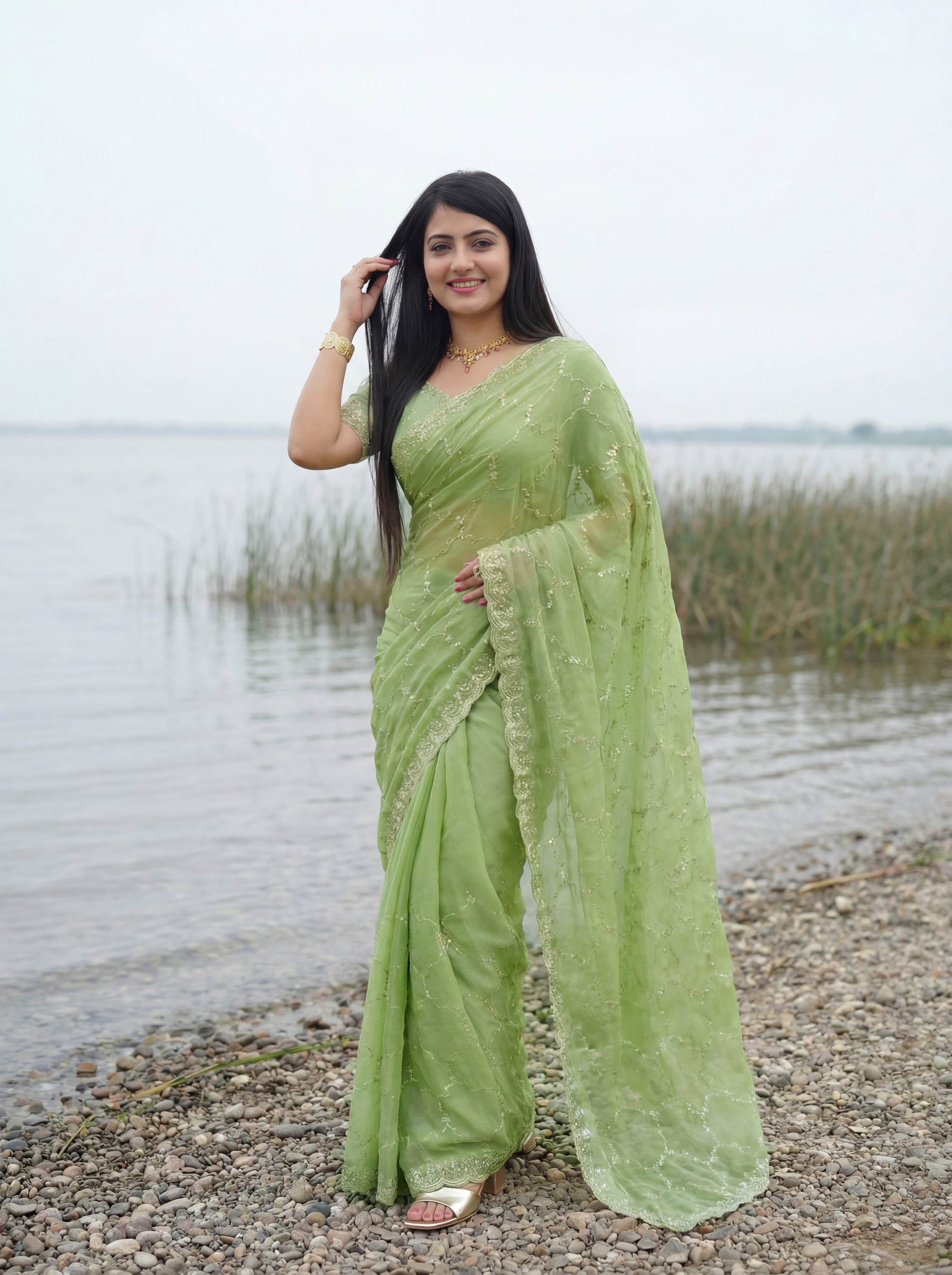 Green Tissue Geometric Sequence Work Saree