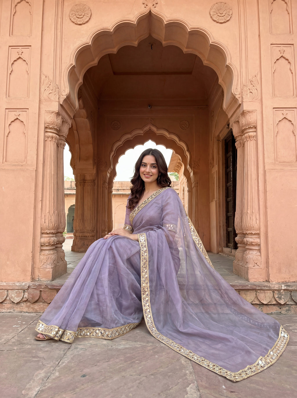 Lavender Tissue Geometric Mirror Work Saree
