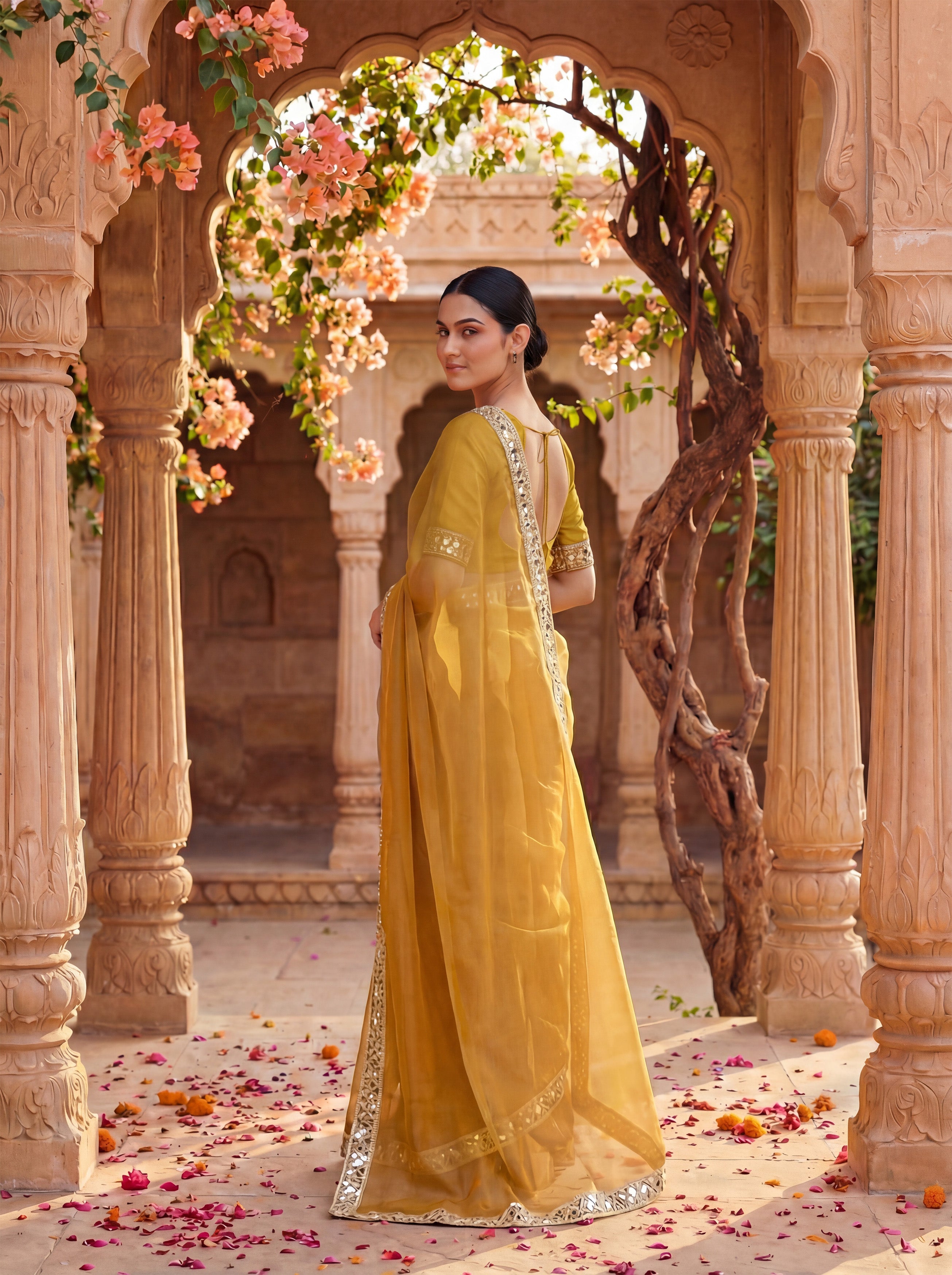 Rust Tissue Geometric Mirror Work Saree