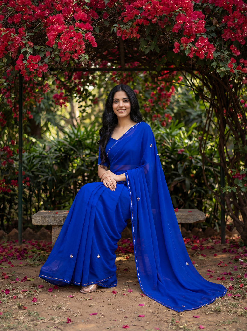 Blue Georgette Floral Stone & Beads Work Saree