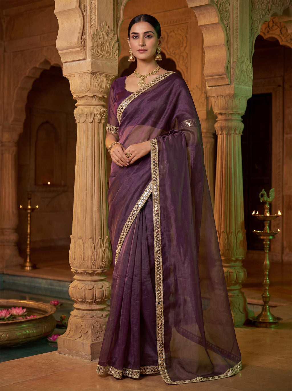 Magenta Tissue Geometric Mirror Work Saree
