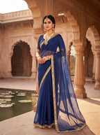 Royal Blue Tissue Geometric Mirror Work Saree
