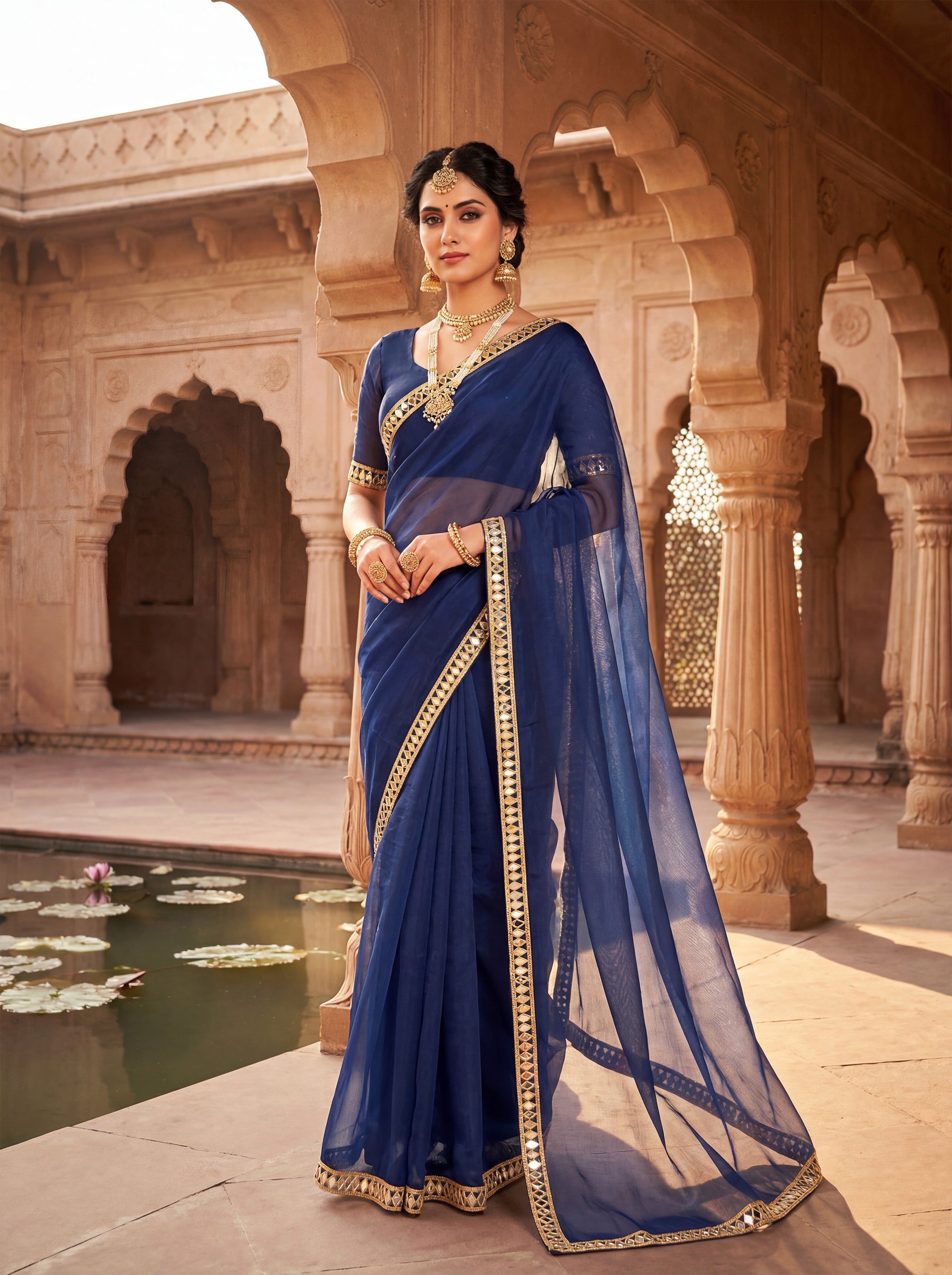 Royal Blue Tissue Geometric Mirror Work Saree