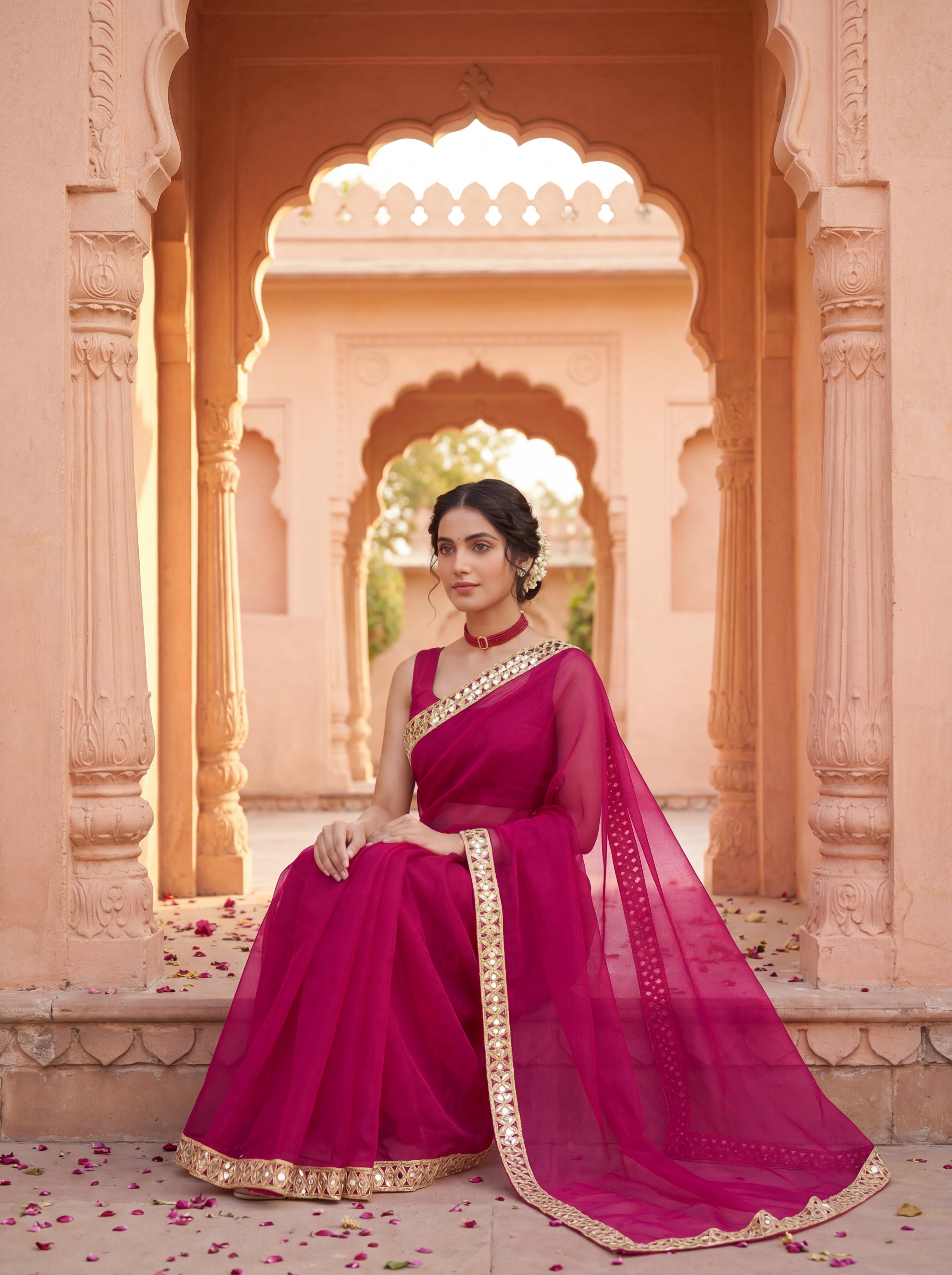 Pink Tissue Geometric Mirror Work Saree