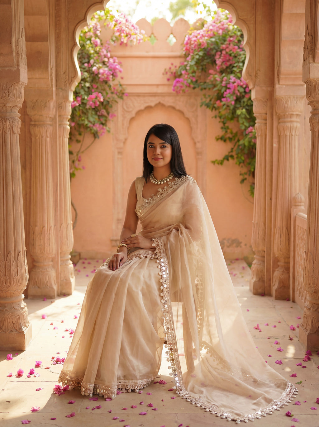 Beige Organza Mirror Work Saree