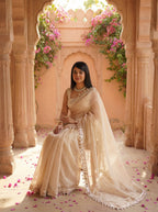 Beige Organza Mirror Work Saree