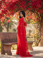 Red Georgette Floral Stone & Beads Work Saree
