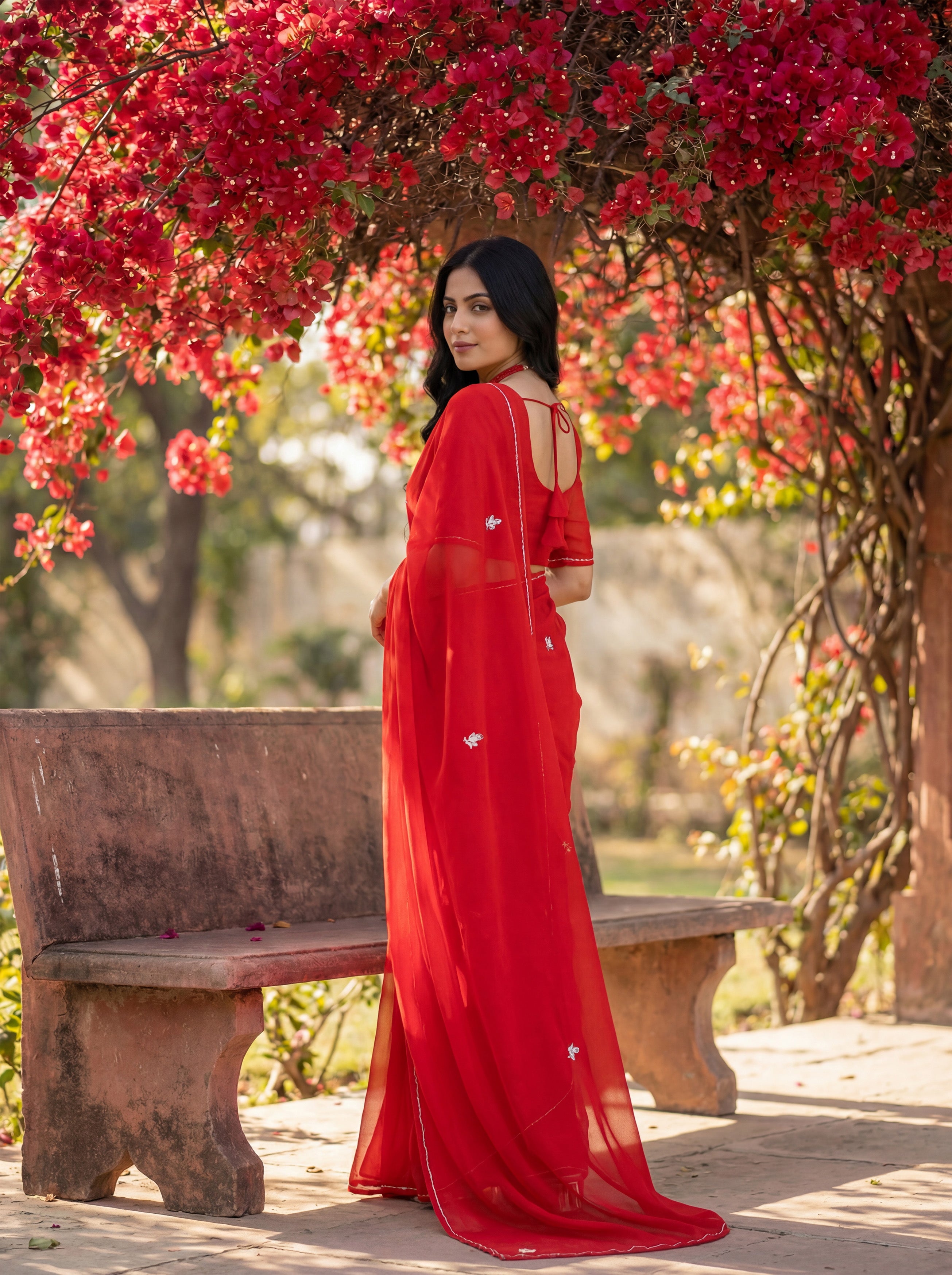 Red Georgette Floral Stone & Beads Work Saree