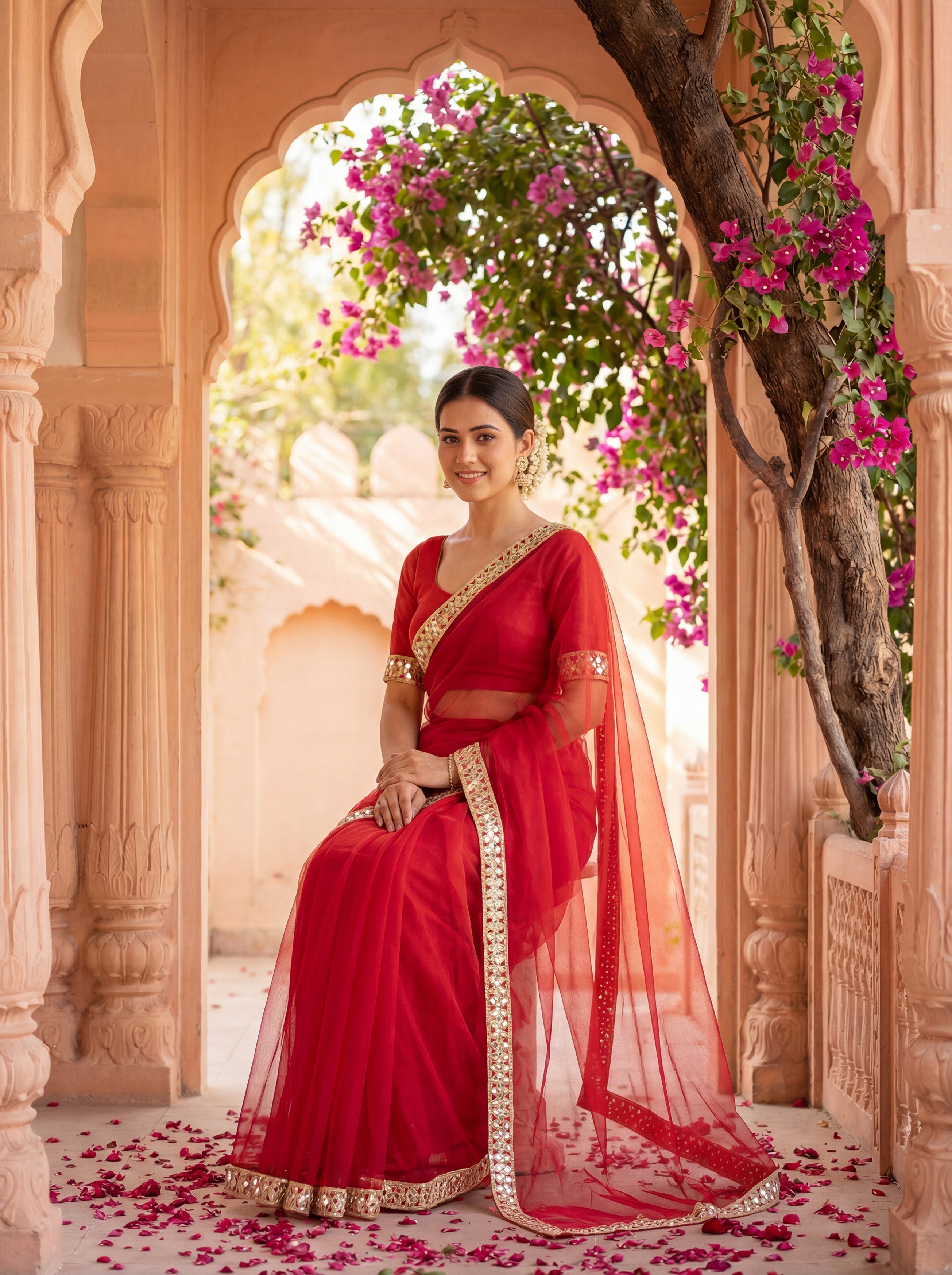 Red Tissue Geometric Mirror Work Saree