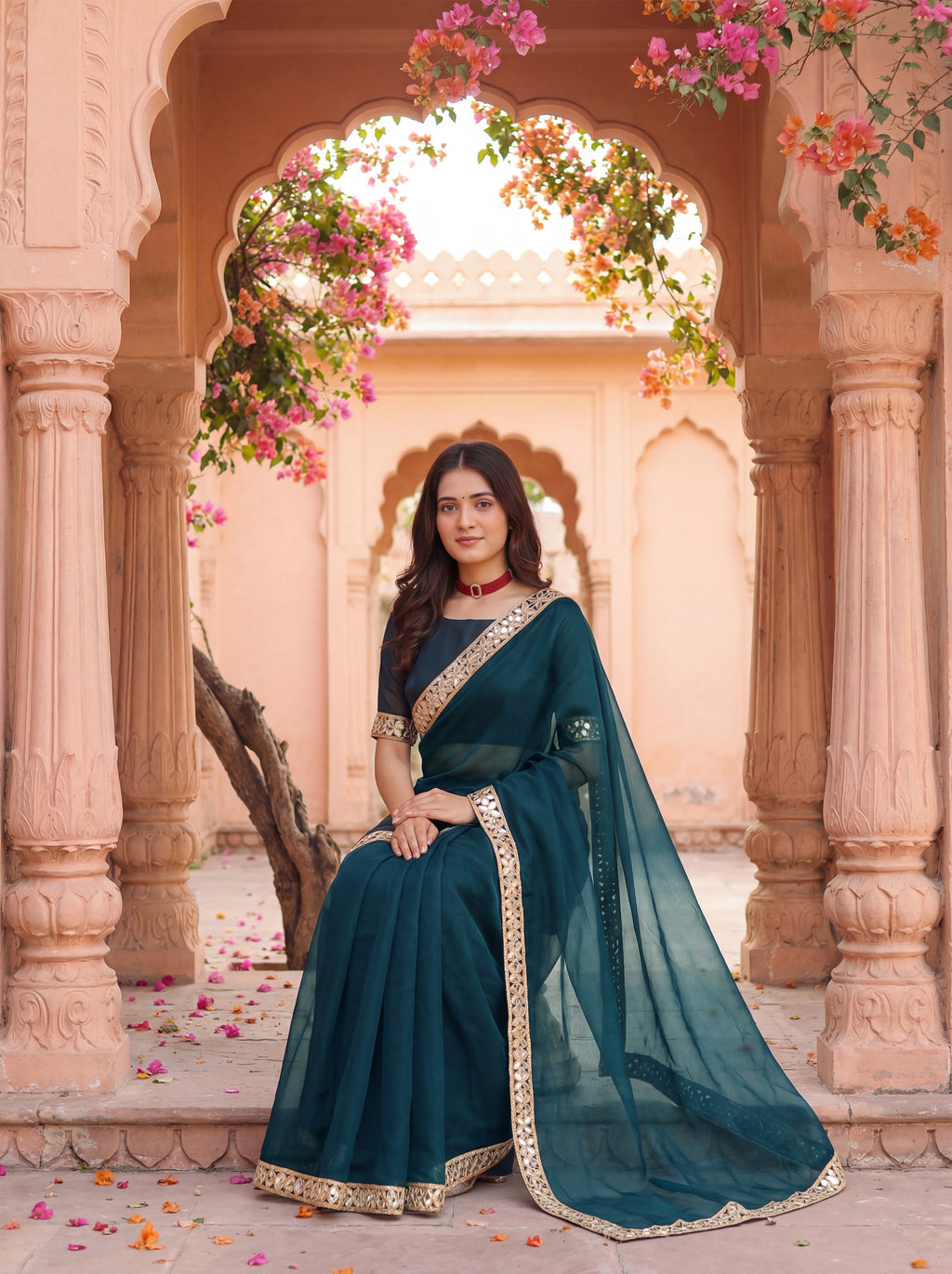 Teal Tissue Geometric Mirror Work Saree