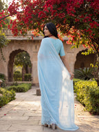 Blue Georgette Floral Stone & Beads Work Saree