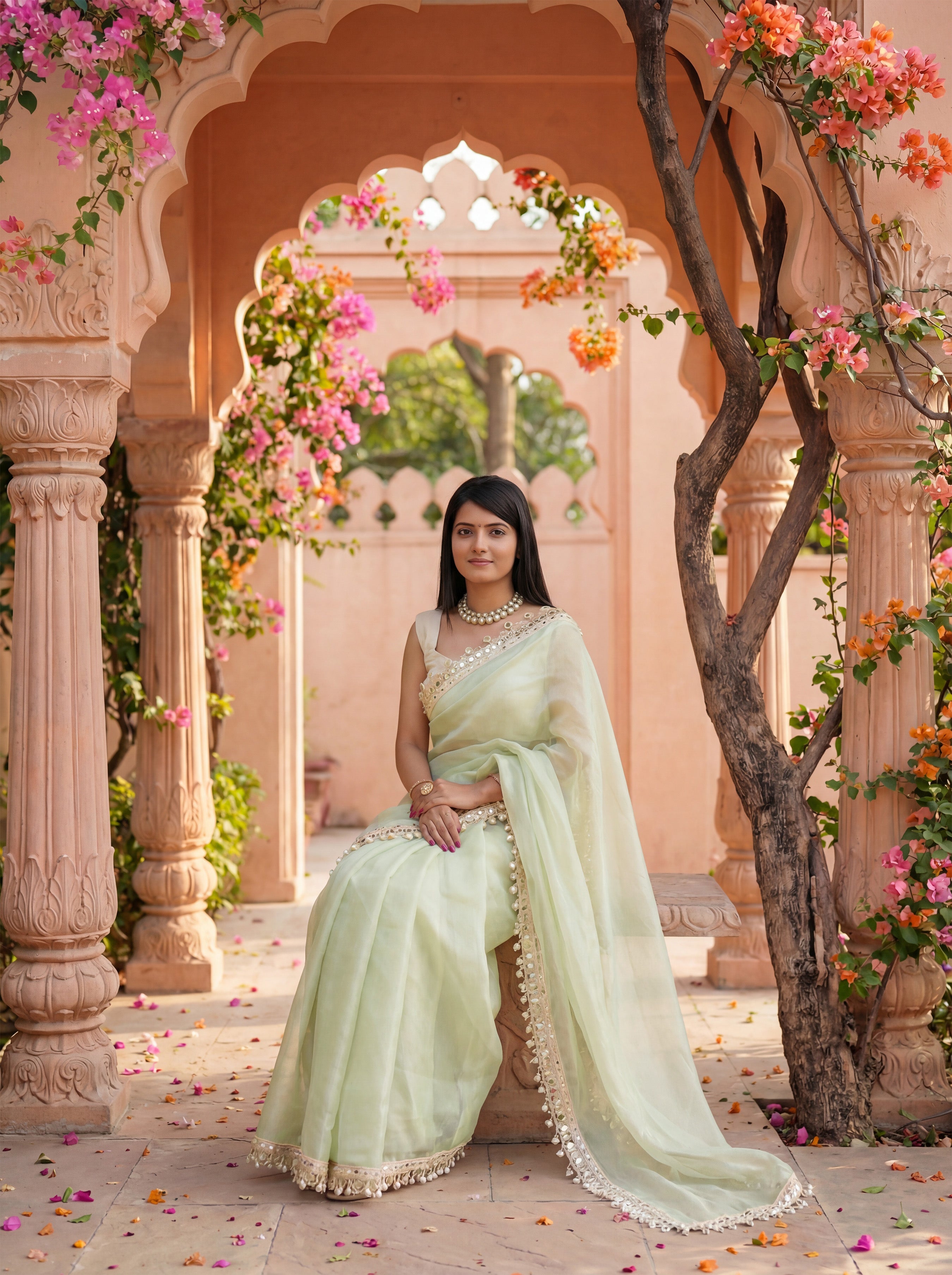 Green Organza Mirror Work Saree