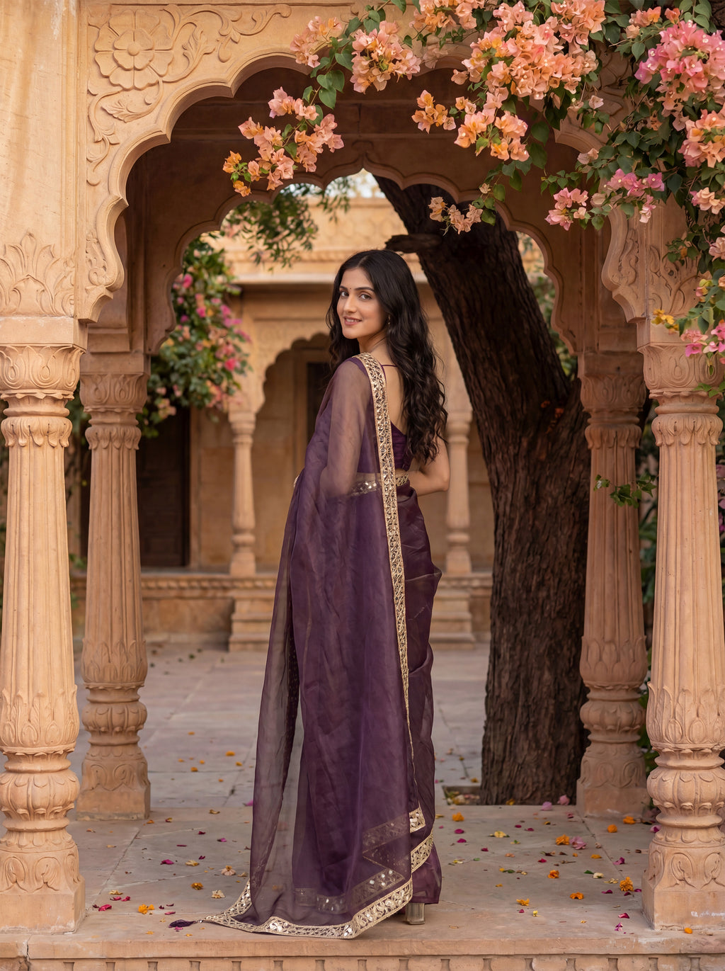Magenta Tissue Geometric Mirror Work Saree