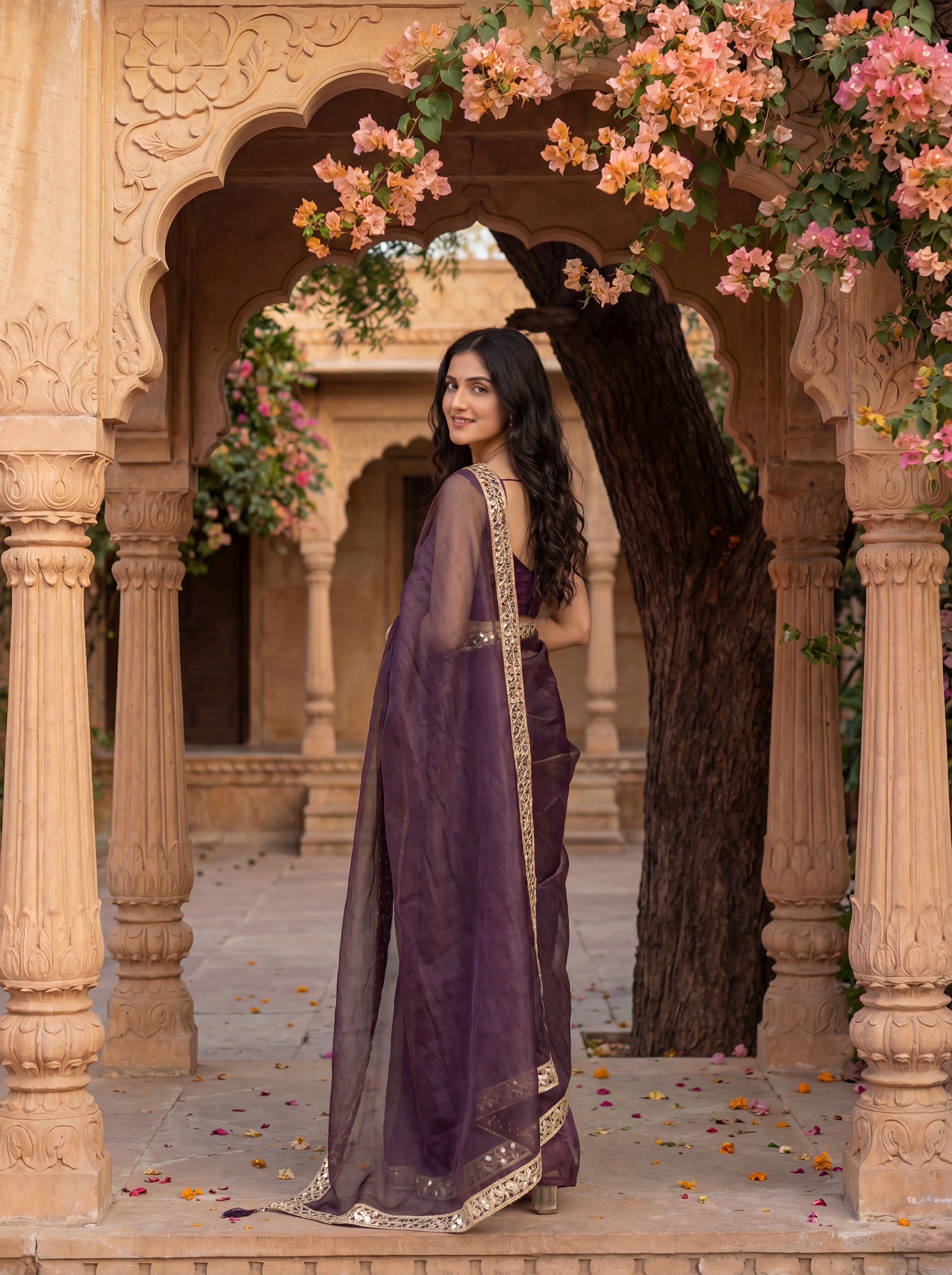 Magenta Tissue Geometric Mirror Work Saree