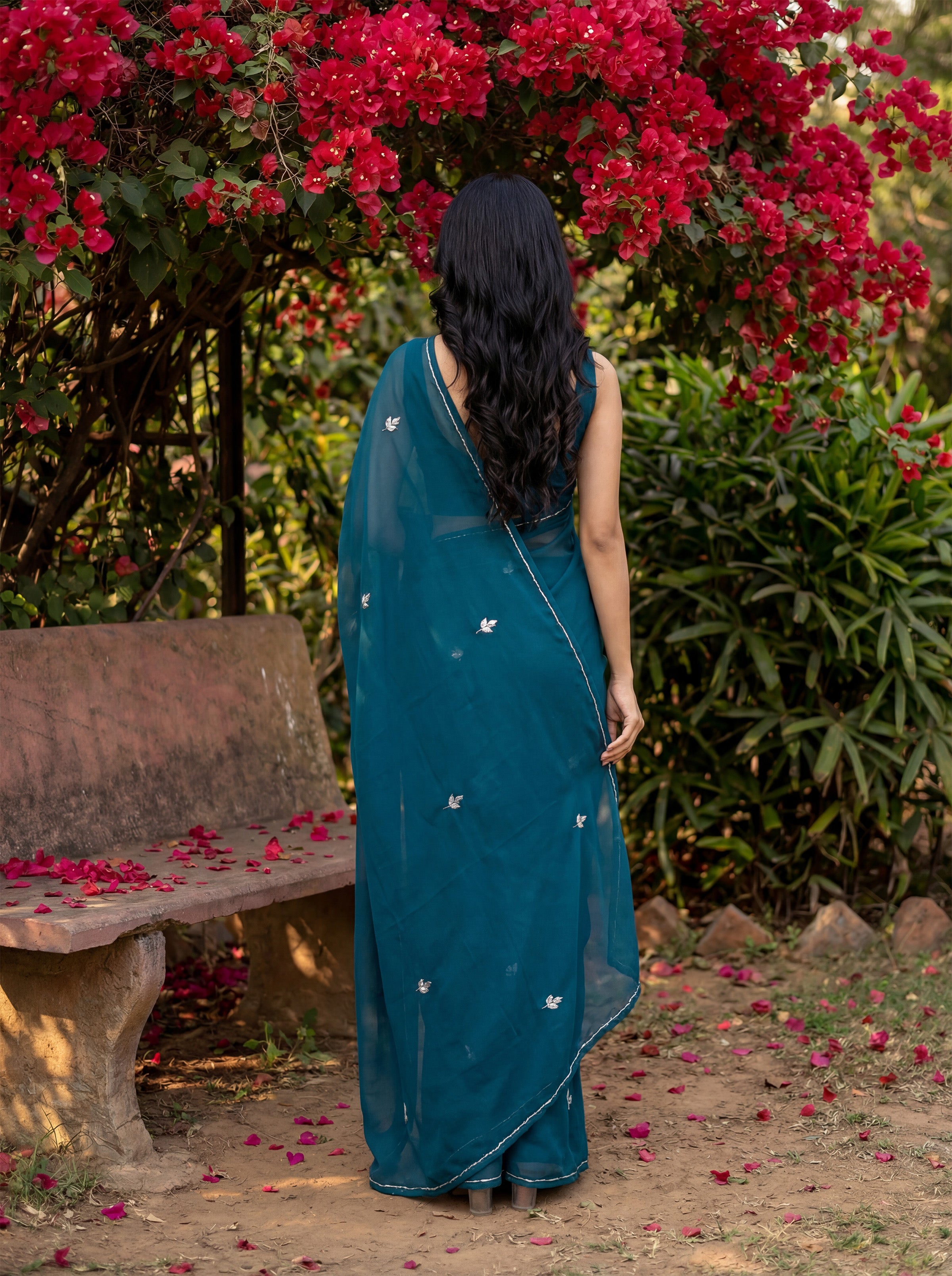Teal Georgette Floral Stone & Beads Work Saree