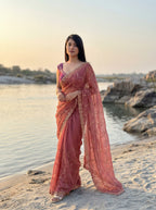 Pink Tissue Geometric Sequence Work Saree