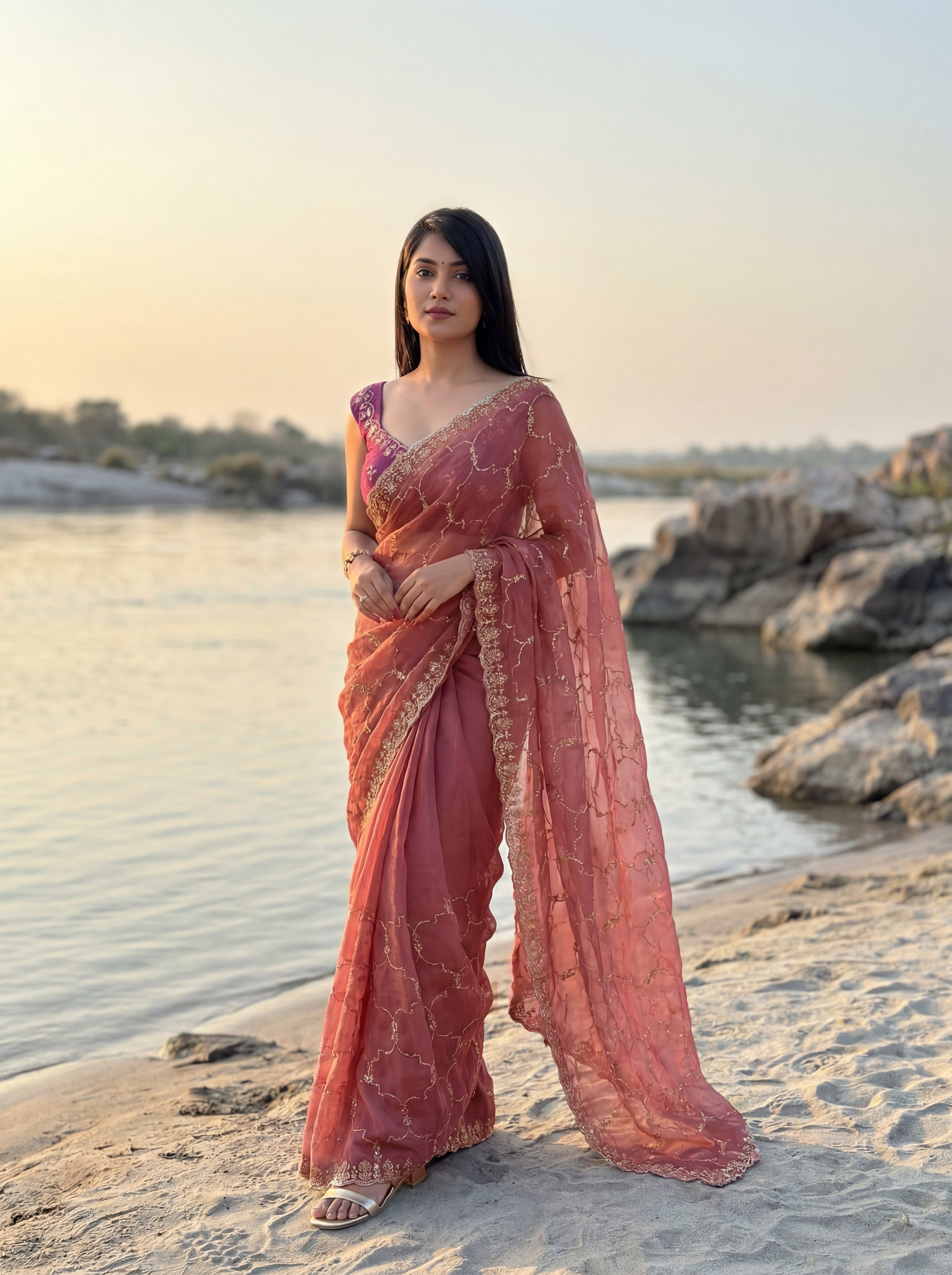 Pink Tissue Geometric Sequence Work Saree