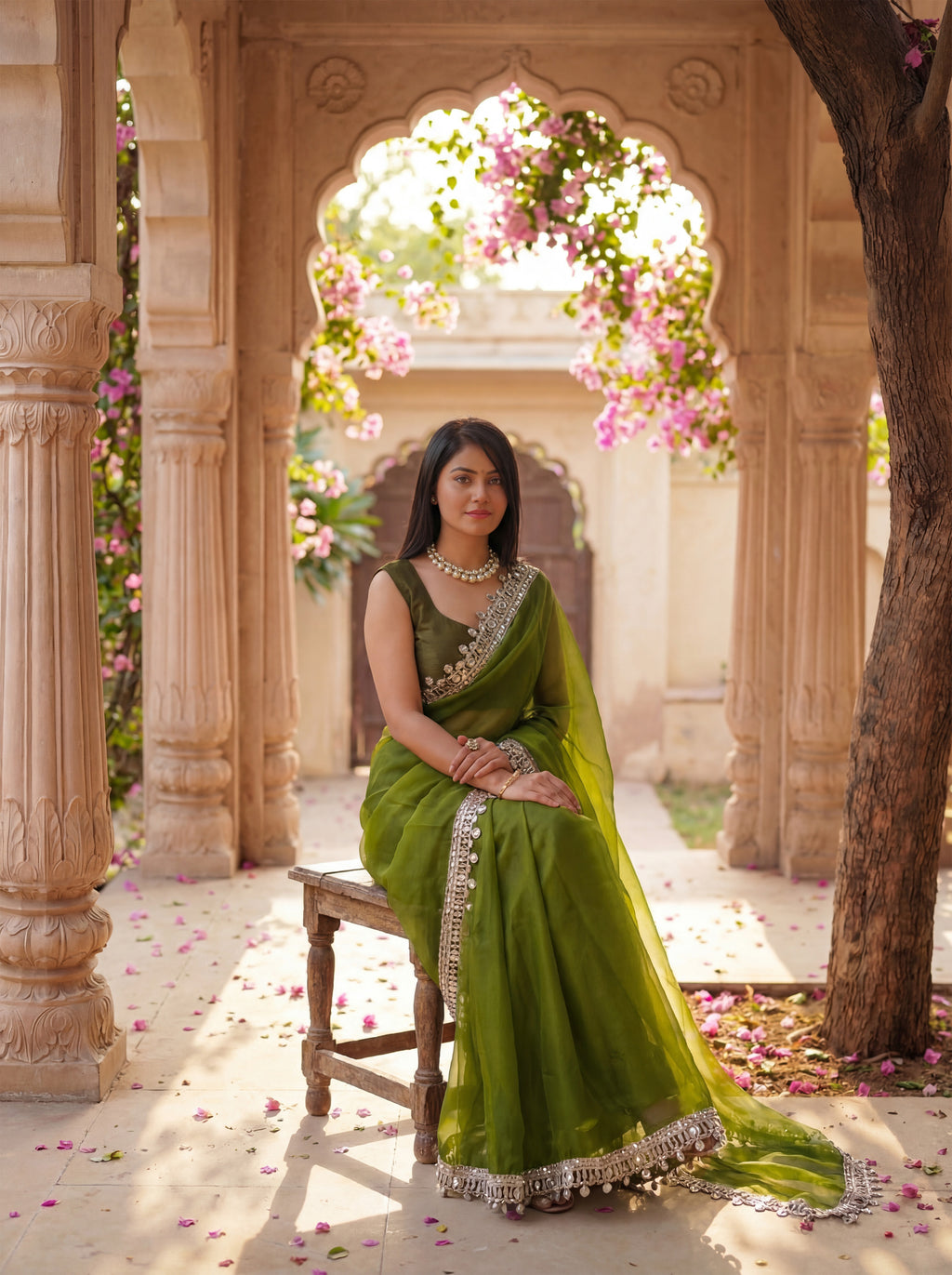 Green Organza Mirror Work Saree