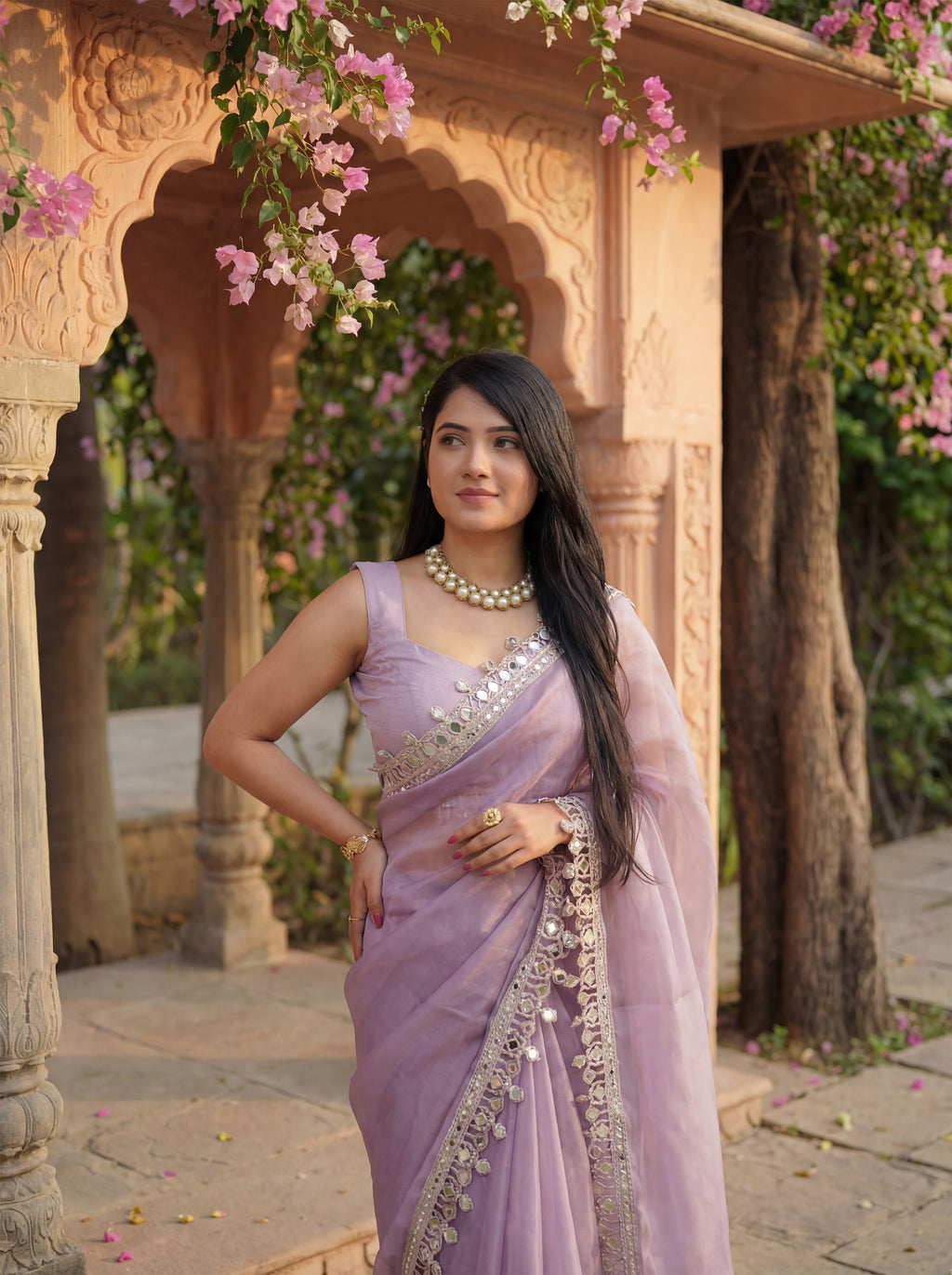 Lavender Organza Mirror Work Saree
